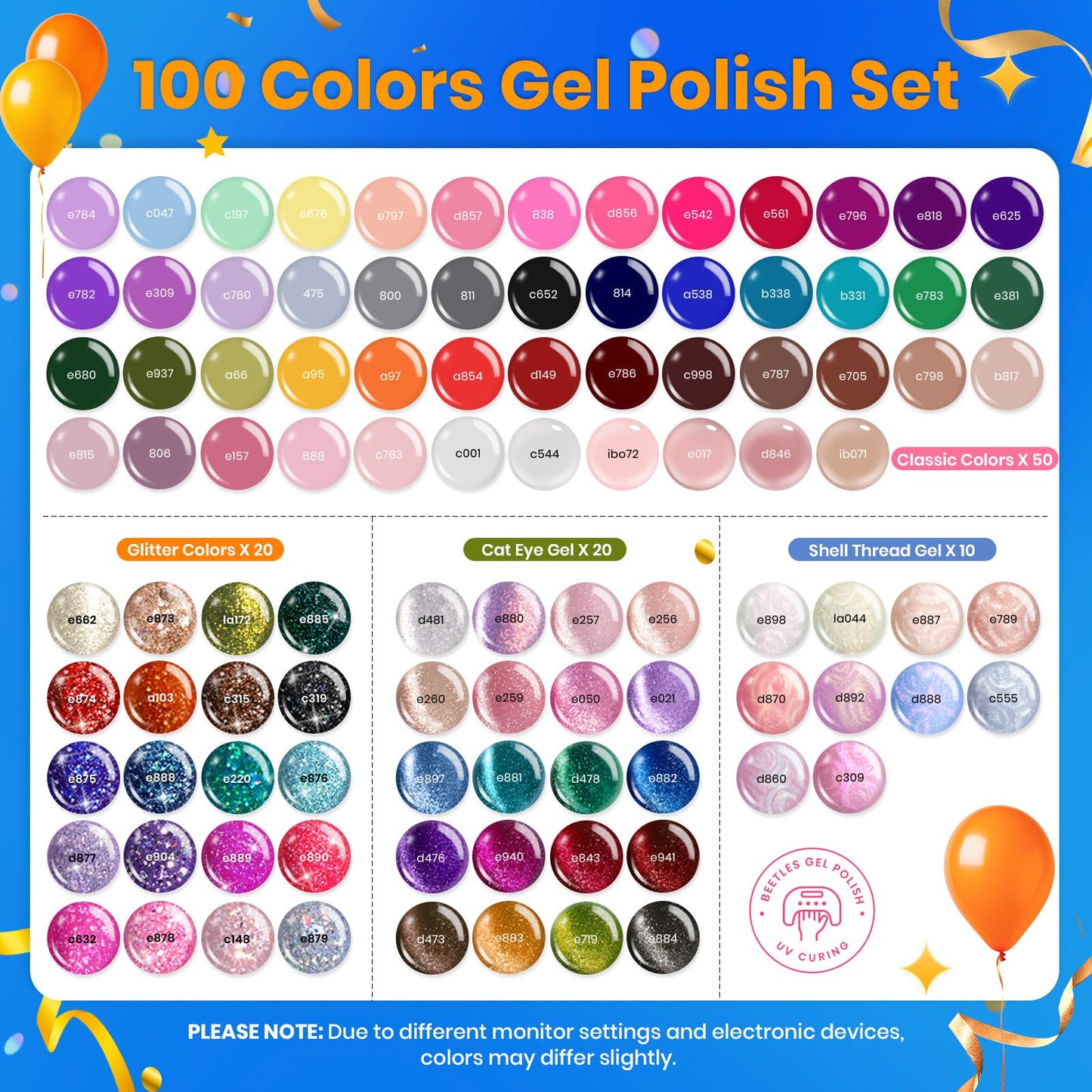 Beetles 100 Colors Gel Nail Polish Set, 119 PCS, Base Glossy Matte Glitter Top Coat, Gel Polish Pastel Glitter Pearl Cat Eye White Red Pink Nude Green Blue, Gift for Women