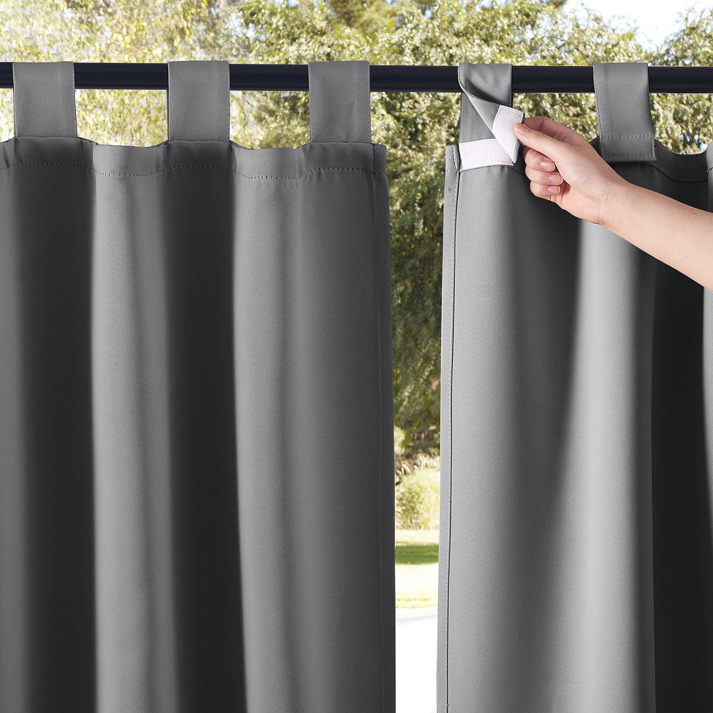 NICETOWN Patio Outdoor Curtains with Sticky Tab Top Waterproof - Light Block Vertical Drapes for Porch, Gazebo, Pergola Outdoor/Indoor Privacy Curtains 2 Panels, 84 x 84 inch, Grey
