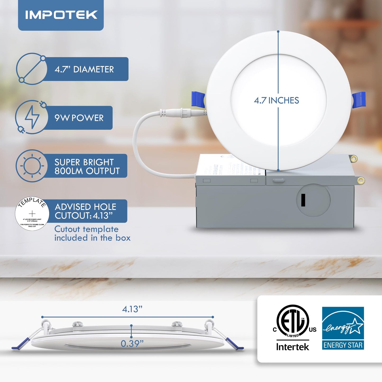 IMPOTEK 4 Inch LED Recessed Ceiling Slim Pot Lights with Junction Box 5 CCT 2700K/3000K/3500K/4000K/5000K Dimmable ICRated ETL Energy Star Listed 9W 800LM - RCL1-9W4IN (Pack of 6)