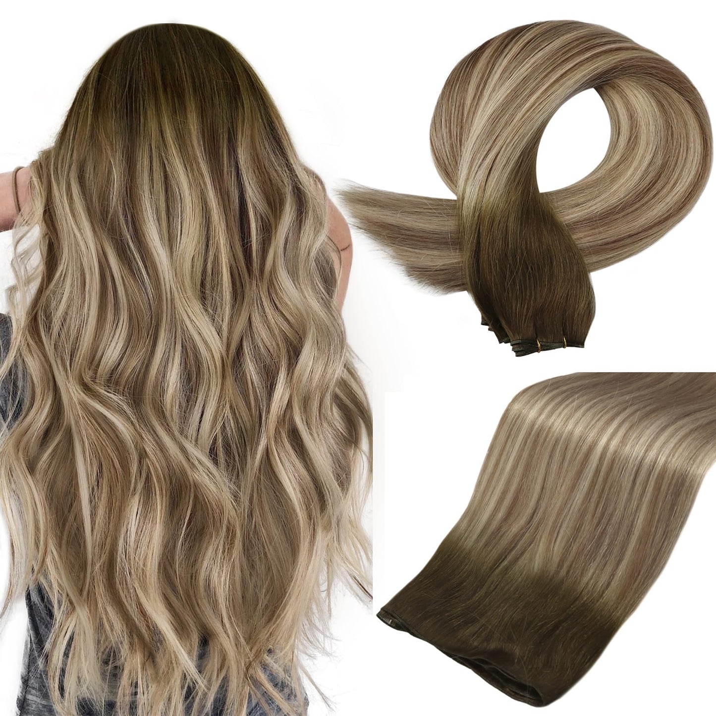 Full Shine Weft Hair Extensions Human Hair Single Genius Weft Sew in Extensions 50G Brown and Blonde Balayage Hair Extensions 18 Inch Silky Straight Human Hair Weft Extensions