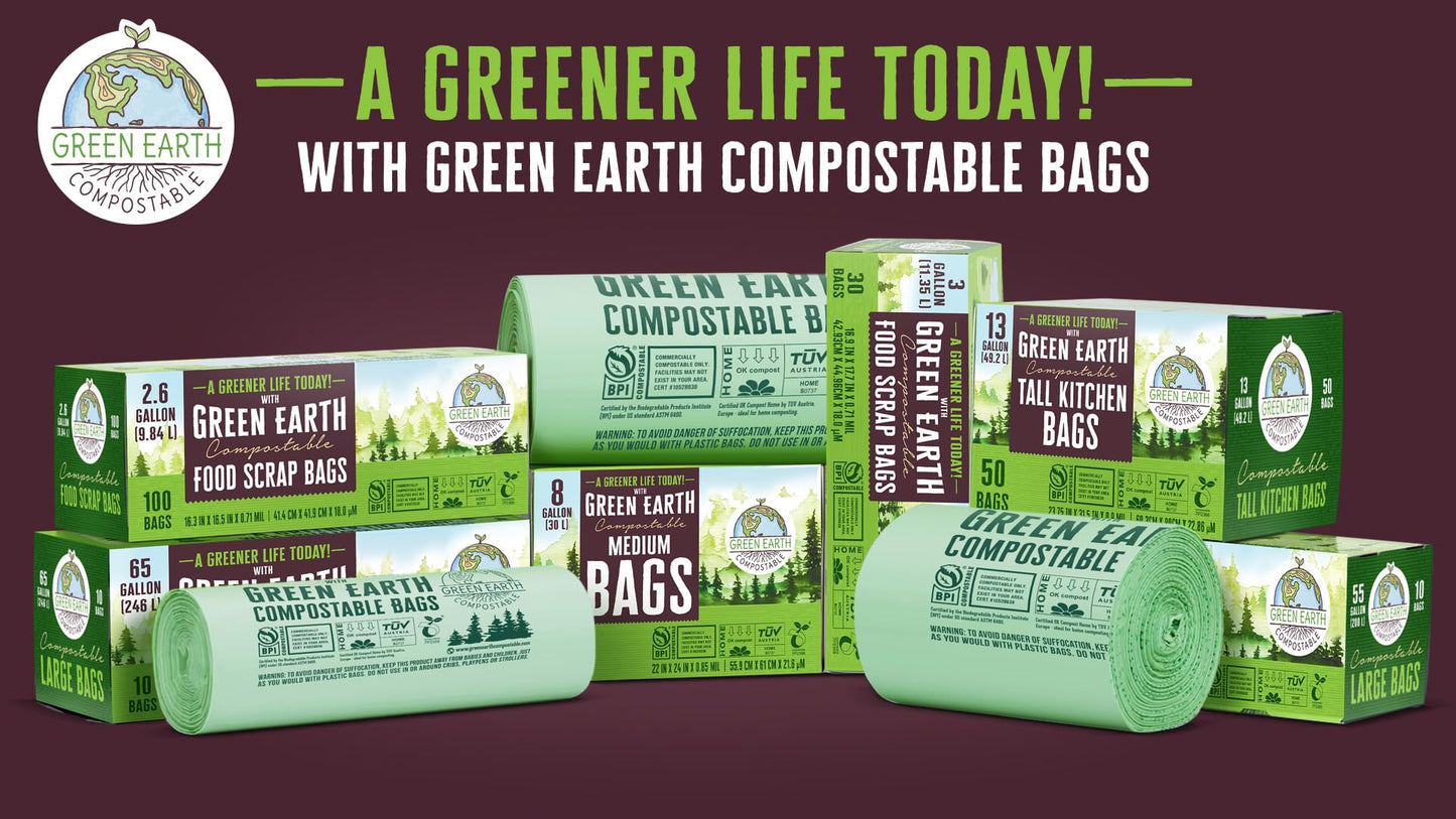 Green Earth Compostable Tall Kitchen Food Scrap Waste Bags, 13 Gallon, 49 Liter, 50-Count, Superior Strength 0.9 Mil Thickness, ASTM D6400, US BPI & Europe OK Compost Home Certified, USA