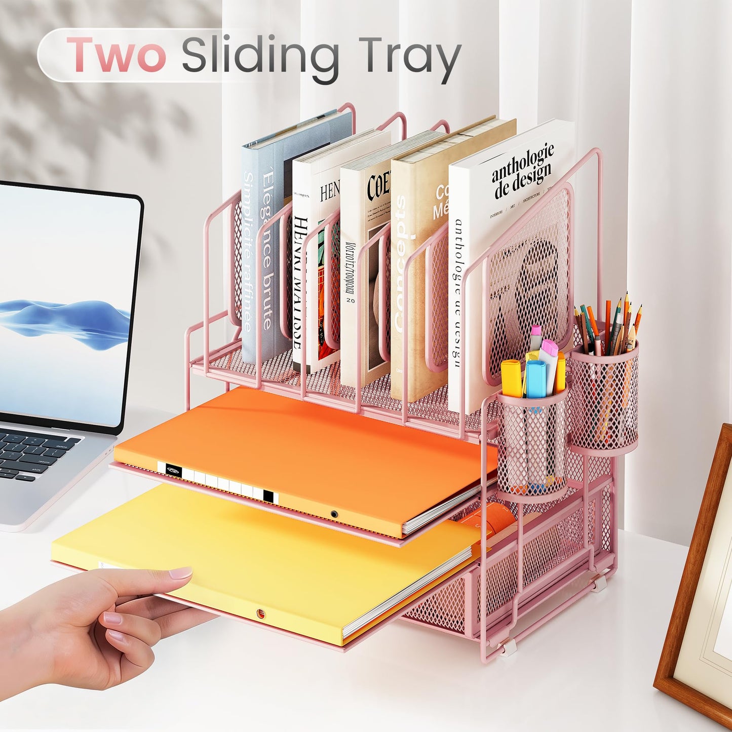 Marbrasse Desk organizer, 4 Tier Mesh File Organizer with 5 Vertical File Holders, Workspace Organizers with Drawer and 2 Pen Holders, Desk Storage for Office, School, Home (Pink)