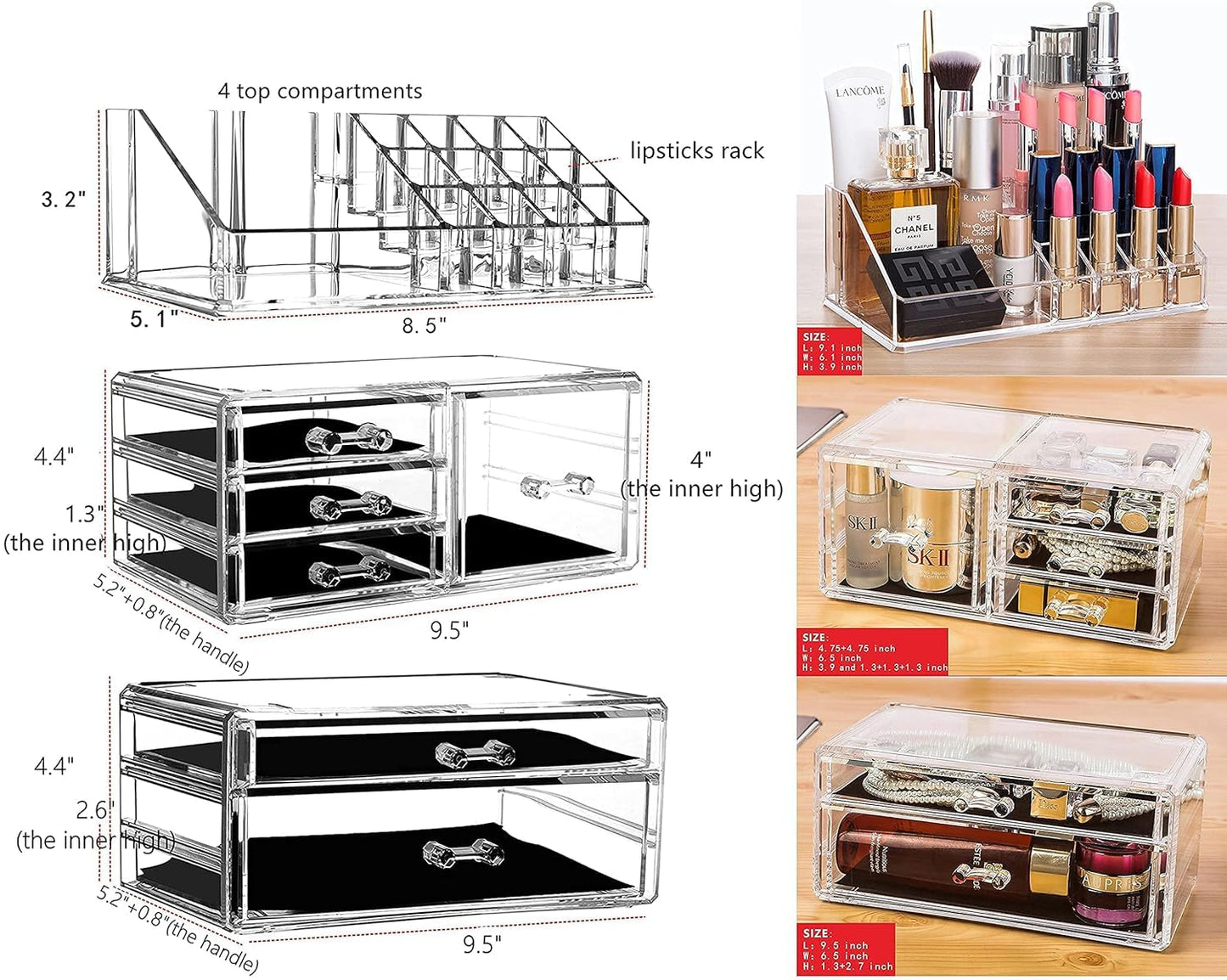 Clear Cosmetic Organizer - Easily Organize Cosmetics, Jewelry and Hair Accessories. Clear Design for Easy Visibility.Set of 3