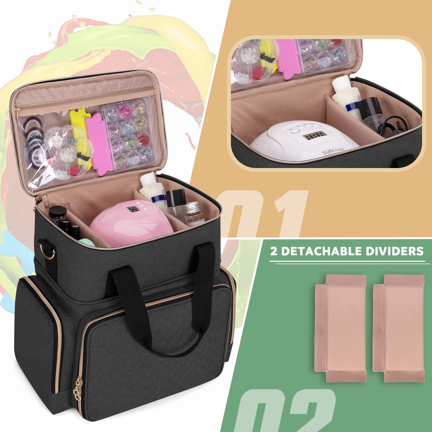 Luxja Nail Polish Organizer Holds 70 Bottles and a Nail Lamp, Nail Polish Case with 2 Removable Bags and Tools Storage Pockets (Patented Design), Black