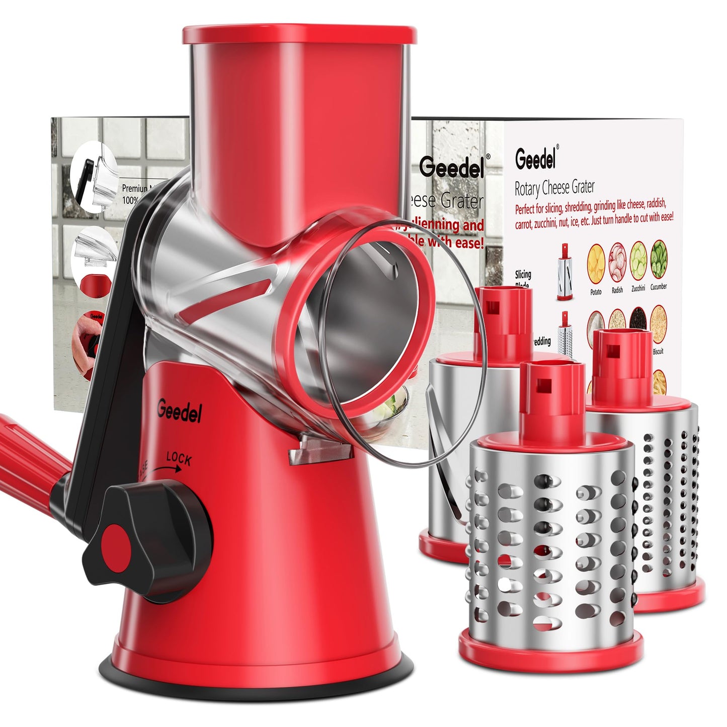 Geedel Kitchen Cheese Grater, Rotary Mandoline Vegetable Slicer with Interchangeable Blades, Easy to Use Rotary Grater Slicer for Fruit, Vegetables, Nuts