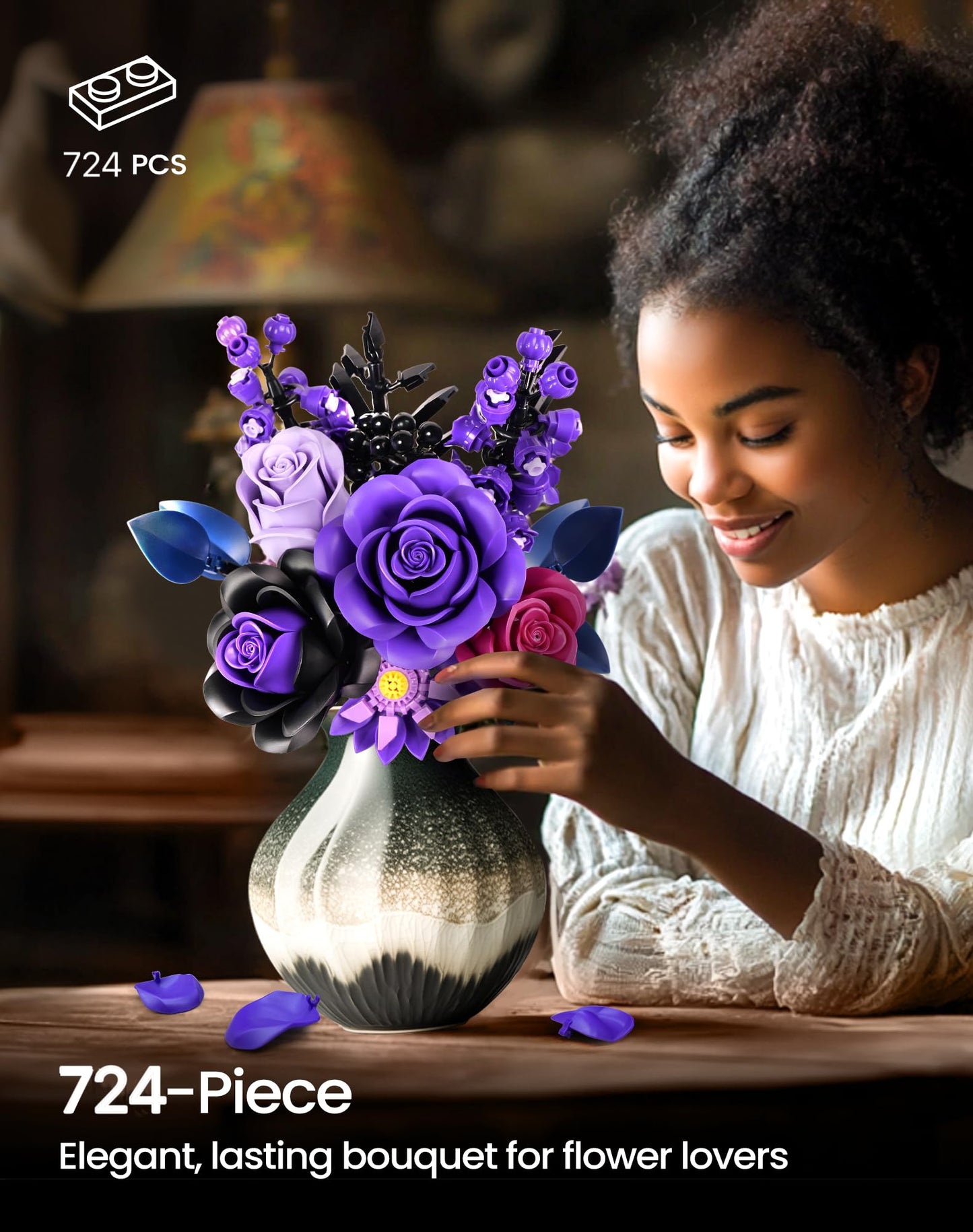 Purple Flower Bouquet Building Set,Rose Botanical Collection Blocks Kit,Compatible with Lego,Halloween Christmas for Adults Women,Artificial Flowers Gothic Decor