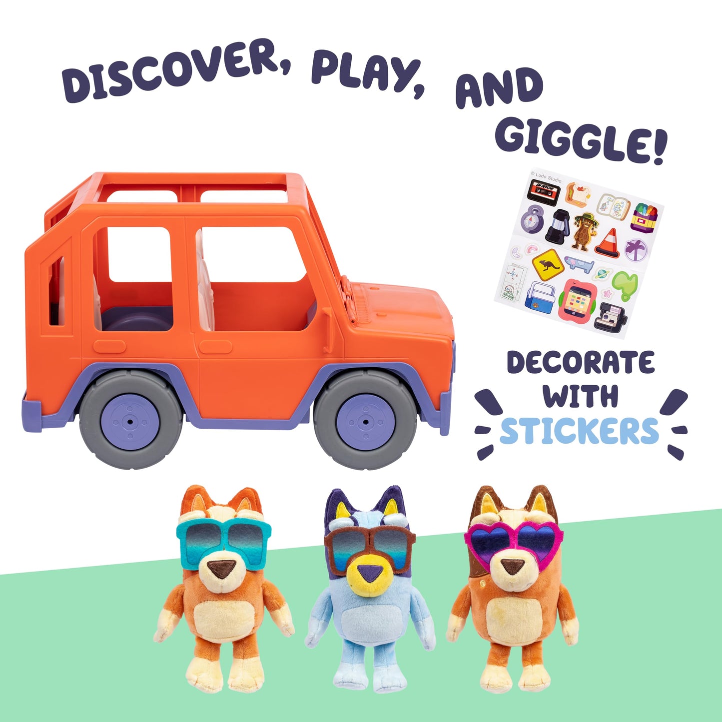 Bluey Buddies Big Heeler 4WD with Family, Exclusive Plush Bluey, Bingo and Chilli, with Sticker Sheet and Opening Bonnet/Hood for Fun Storage