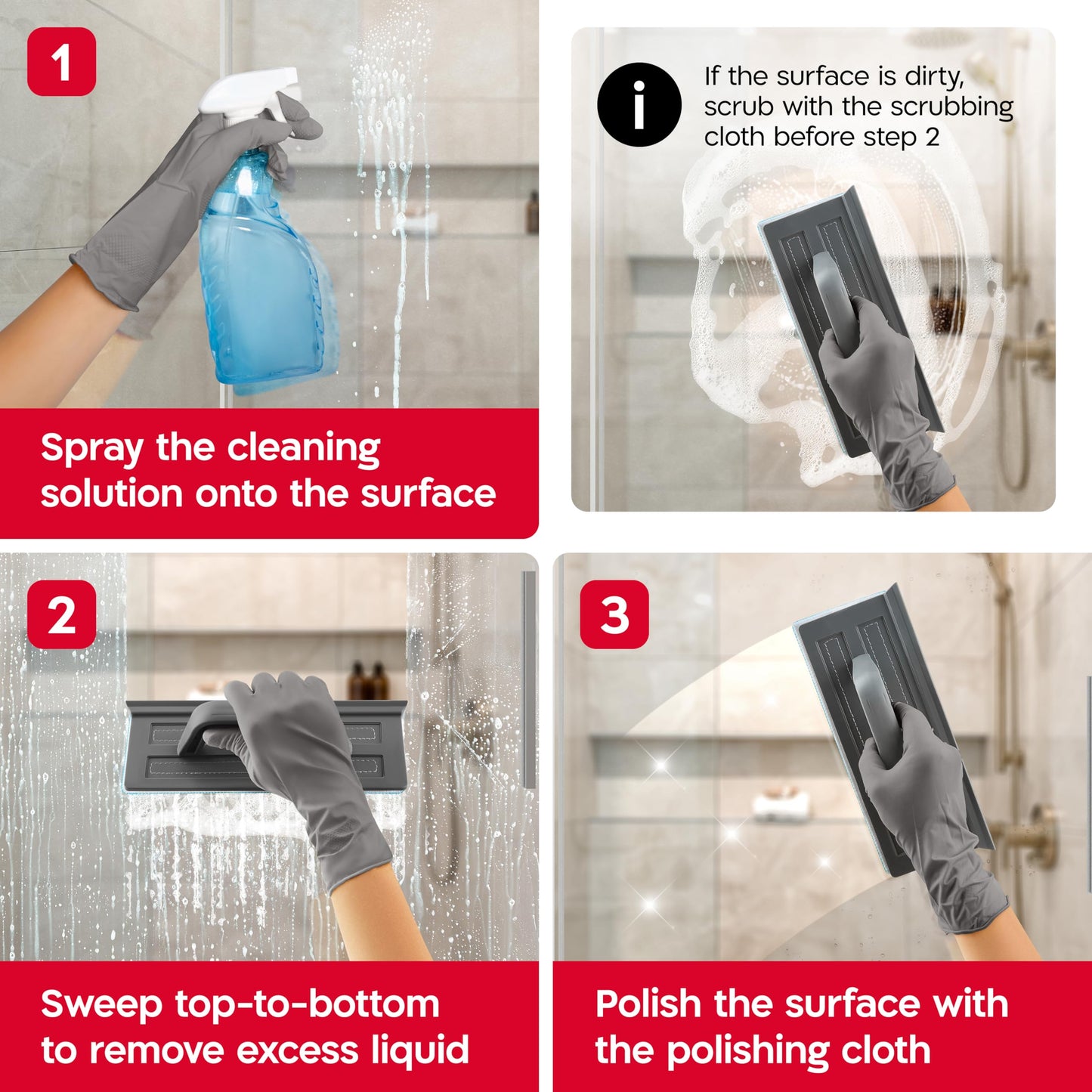 Tyroler Shower Squeegee for Glass Doors 100% Silicone Squeegee 25.4 cm | 2 Microfiber Scrub & Polish Cloths | Multi-Surface- Mirror, Marble, Tile & Window Squeegee | Idle Squeegee Shower Glass Cleaner