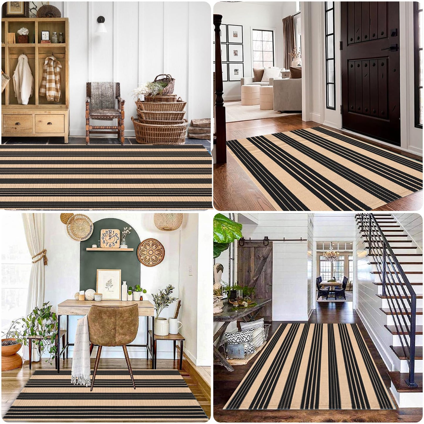 Fallovea Black and Tan Striped Rugs, 90×150 cm Area Rug Outdoor Indoor Front Porch Doormat Cotton Hand-Woven Layered Door Mats for Entryway Patio Entryway Laundry Bedroom Living Room