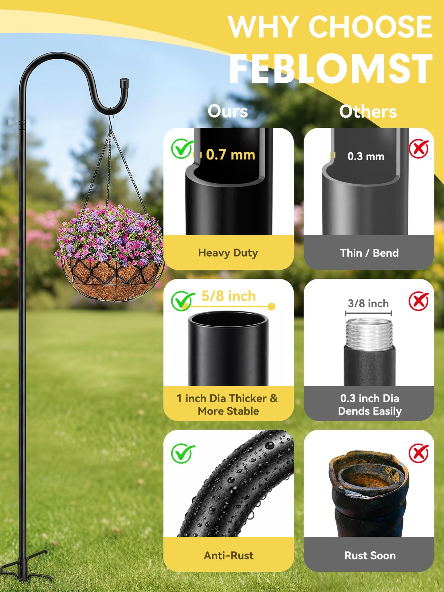 Bird Feeder Pole, 94" Shepherds Hooks for Outdoor Heavy Duty, Hummingbird Feeders Stand with Stable 5-Prong Base, Hanging Plant Shepherd Hook Hanger Stick for Outside Garden Yard Wedding