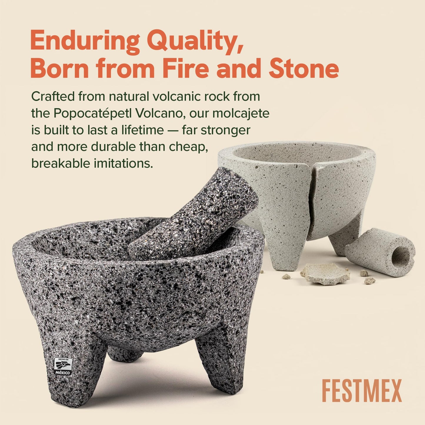 Genuine Handmade Mexican Mortar and Pestle, Molcajete de Piedra Natural Volcanica Stone, Heavy & Durable, Perfect for Homemade Salsas, Guacamole, and other Molcajete Plates | Made in Mexico (8 Inches)
