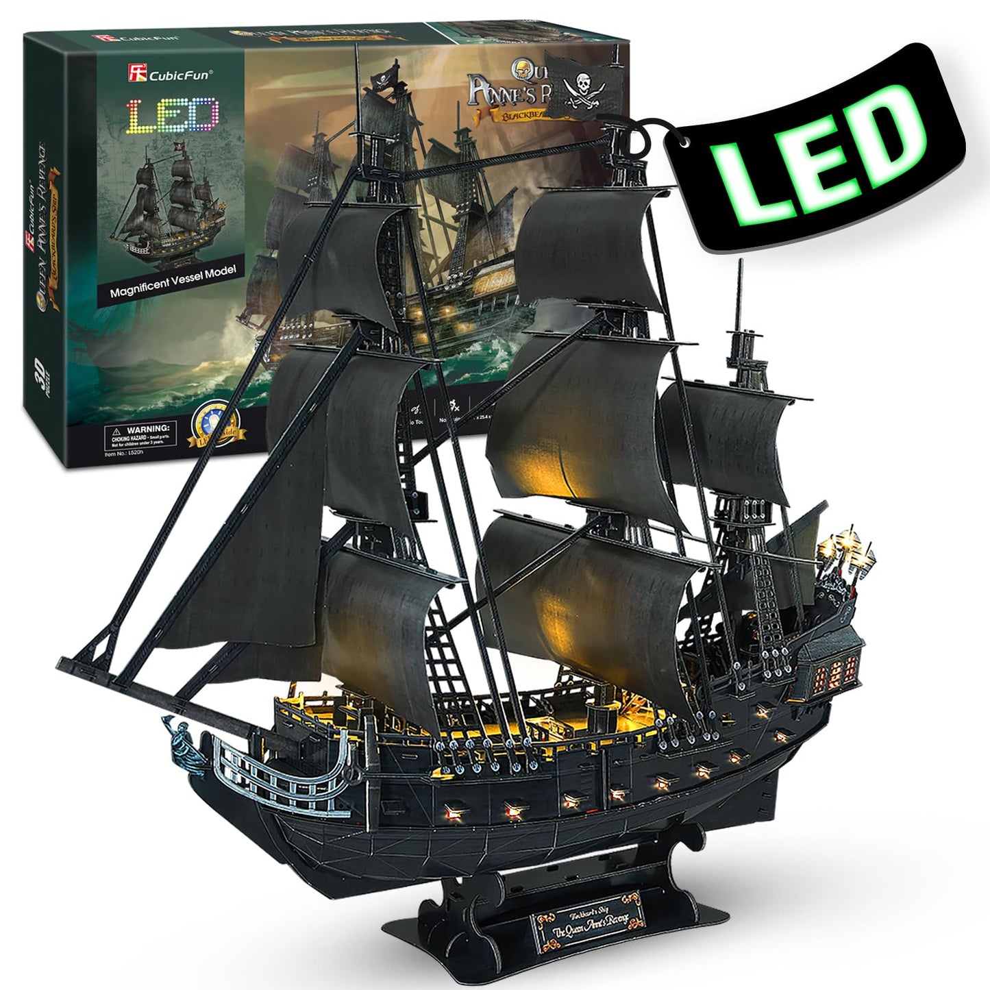 CubicFun 26.6'' LED Pirate Ship 3D Puzzle - Large 3D Puzzles Model Kits for Adults - 340 Pieces