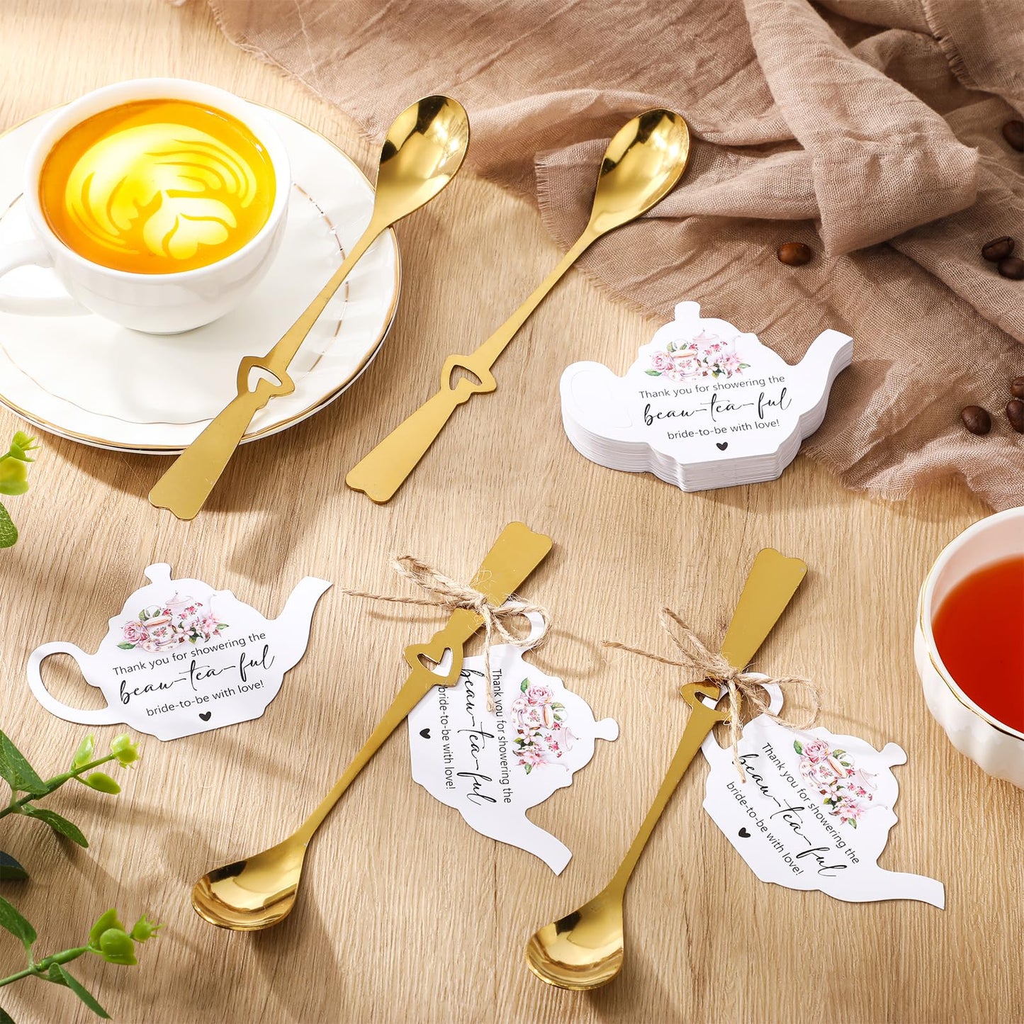 Skybooly 50 Sets Bridal Shower Tea Party Favors for Guests Mini Coffee Spoons Small Spoons Heart Spoon with Teapot Idea Thank You Cards and Hemp Rope Wedding Souvenirs Tea Party Supplies