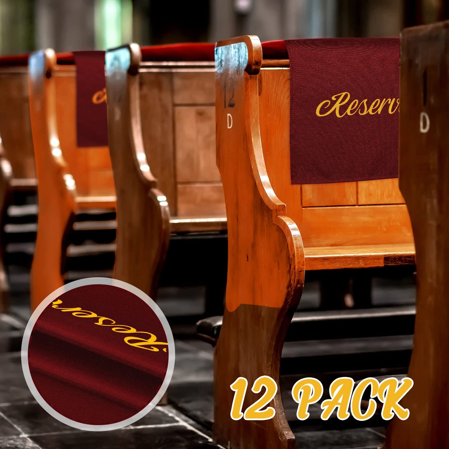 Tatuo 12 Pieces Reserved Seating Signs - 22 Inch Cloth Placeholders for Church Pews, Restaurant, Wedding, Meeting and Event Parties (Burgundy and Gold)