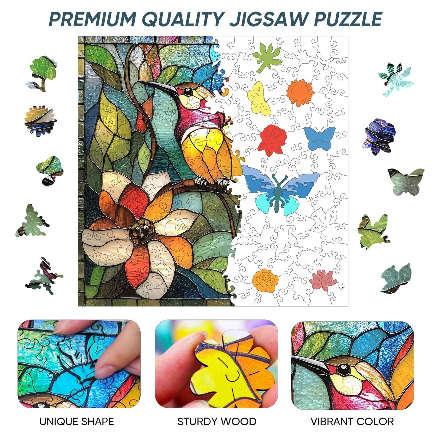 Qiuenisray Wooden Puzzles for Adults 500 Pieces, Hummingbird Flower Jigsaw Puzzles, Unique Shape Adult Puzzles, Irregular Christmas Thanksgiving Gifts for Family Friend(15.9 * 15.9 in)