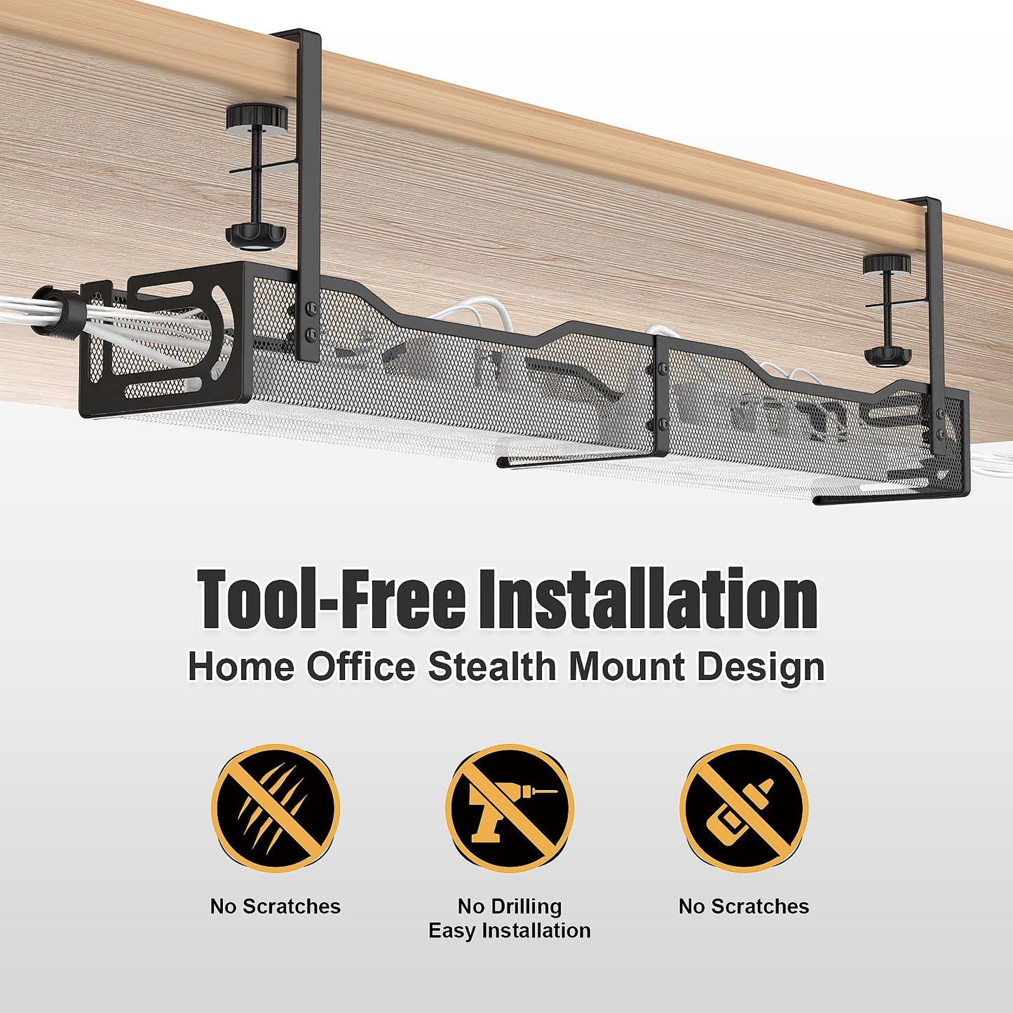 Extended Length Under Desk Cable Management Tray No Drill, Metal Mesh Cable Tray with Clamp for Desk Wire Management, Desk Cable Management Box and Cord Organizer for Office, Home