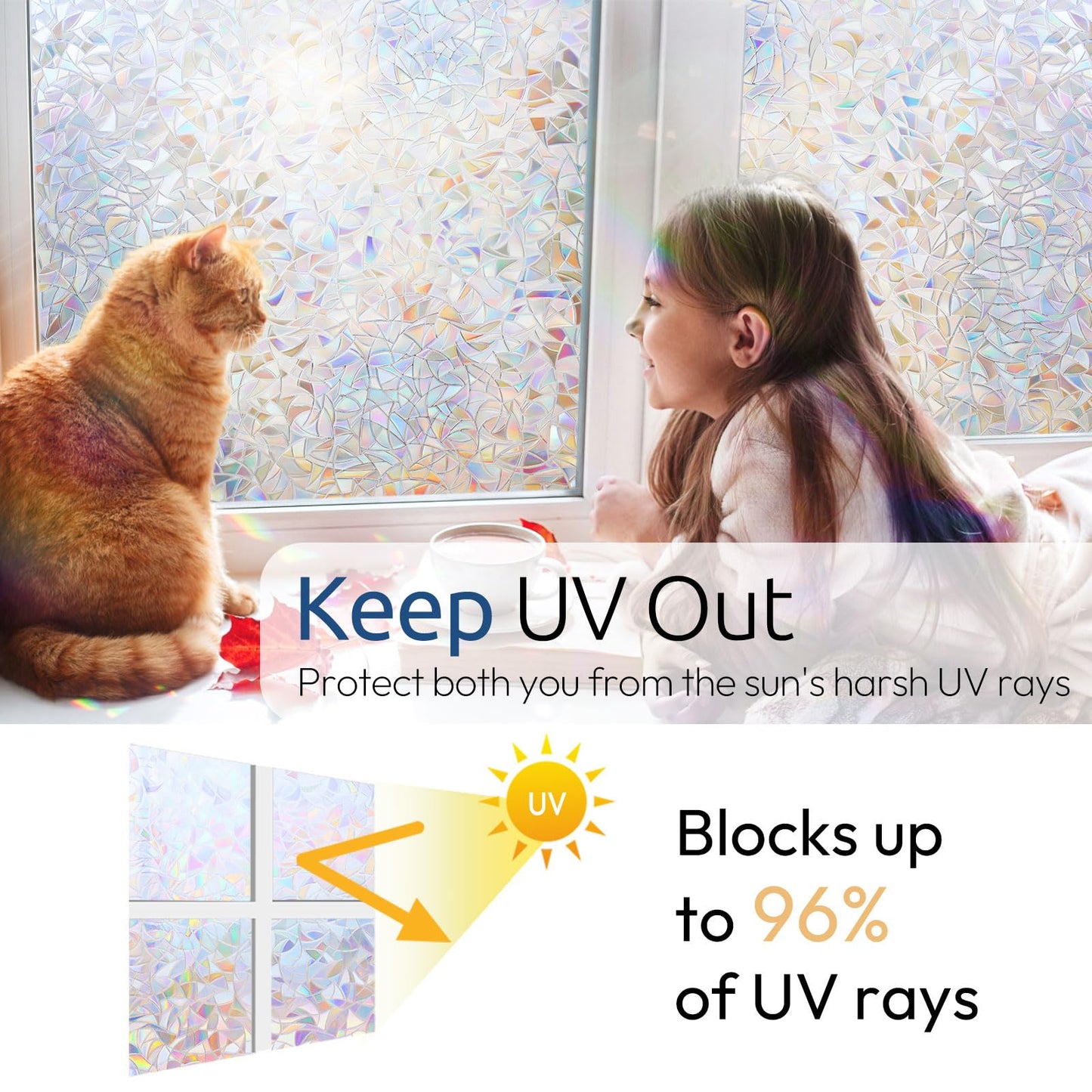 rabbitgoo Rainbow Window Films for Privacy, 3D No Glue Decorative Window Clings, UV Blocking Removable Stained Glass Tint Film, Privacy Glass Stickers for Home Office Door, 60x200cm