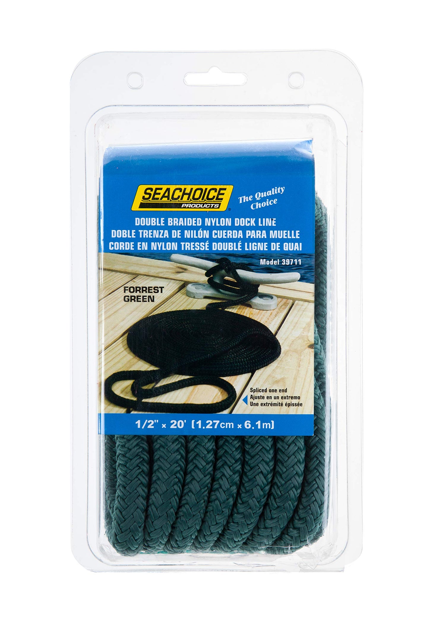 Seachoice Double-Braid Nylon Dock Line w/Eye Splice, Pre-Shrunk, Heat Stabilized, 1/2 in. X 20 Ft., Forest Green