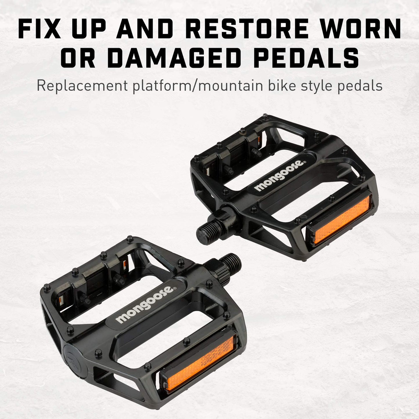 Mongoose Mountain Bike Pedals, Black, Set of 2, Lightweight and Durable Alloy Stands Up to Tough Riding, with Reflectors, Fits 1/2" or 9/16" Cranks, Easy Installation, Replacement Bike Pedals