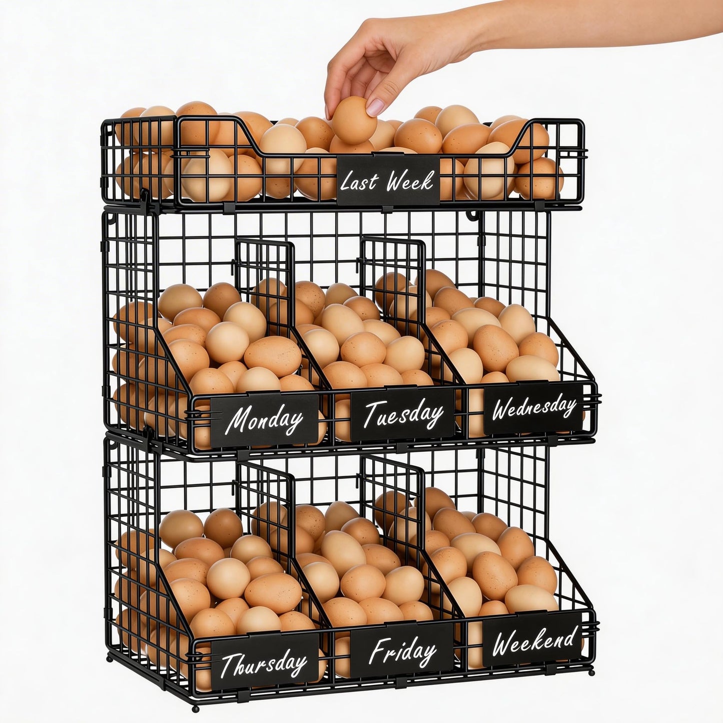 X-cosrack Egg Holder Countertop, 3 Tier Storage Rack with Labels Dividers to Separate Eggs, Stackable Wire Baskets for Fresh Egg, XXL Egg Dispenser for Countertop/Wall-Mounted