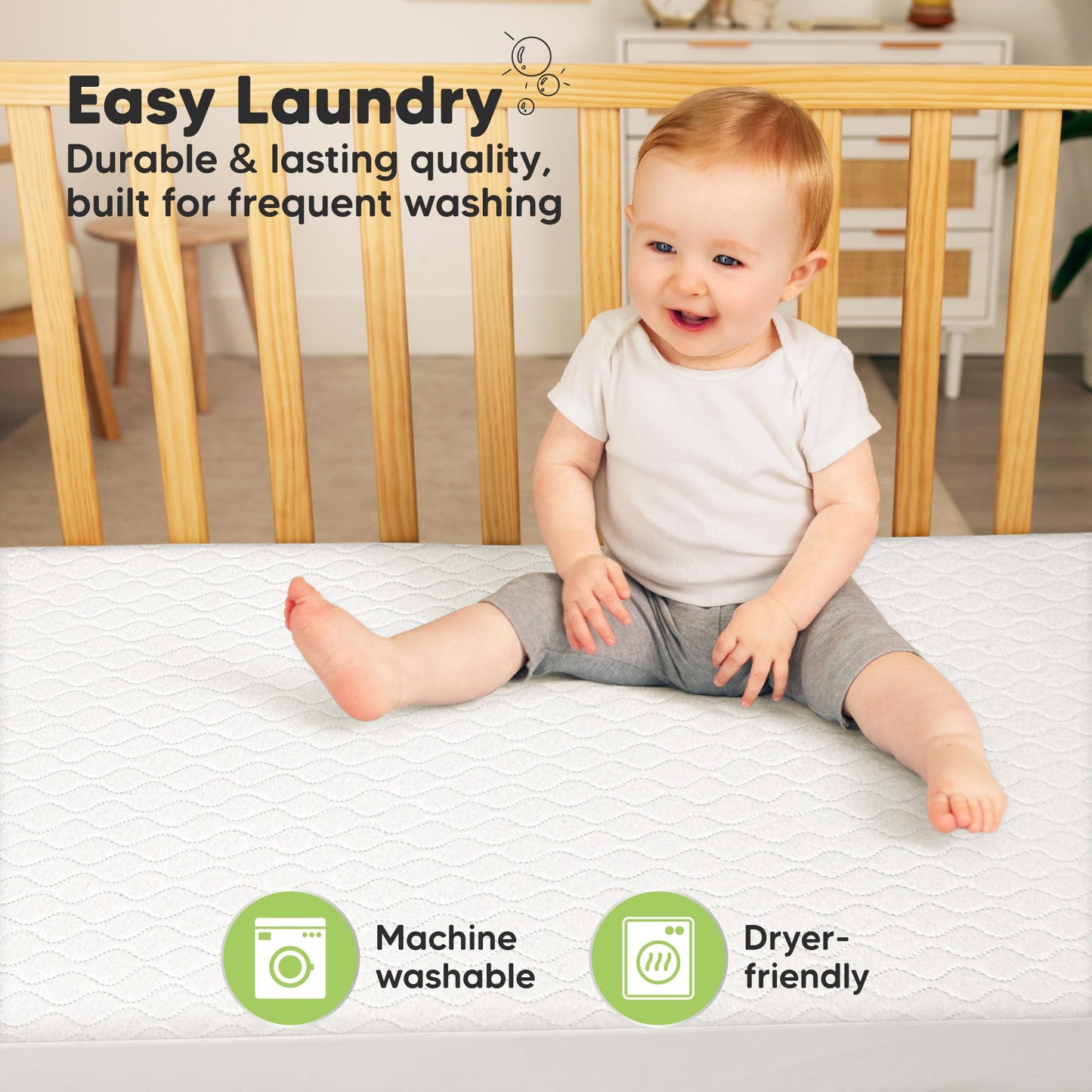 Waterproof Crib Mattress Protector Cover Fitted - 2-Pack Quiet Baby Mattress Topper Crib Sheets, 52" x 28" Soft Quilted Cotton Baby Sheet, Easy Fit, Durable Toddler Liner (Soft White)