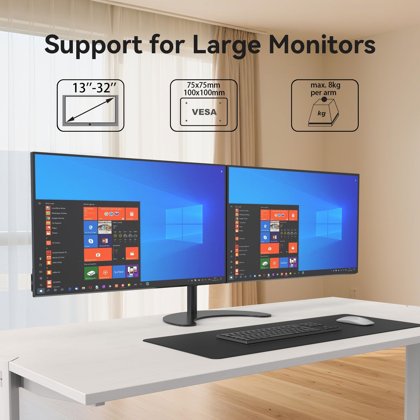 SHOPPINGALL Dual LCD LED Monitor Mount Stand with 2 Adjustable Arms for 13"-32" Monitors with 3 Mounting Options in The Box - SA-D29S-BLACK