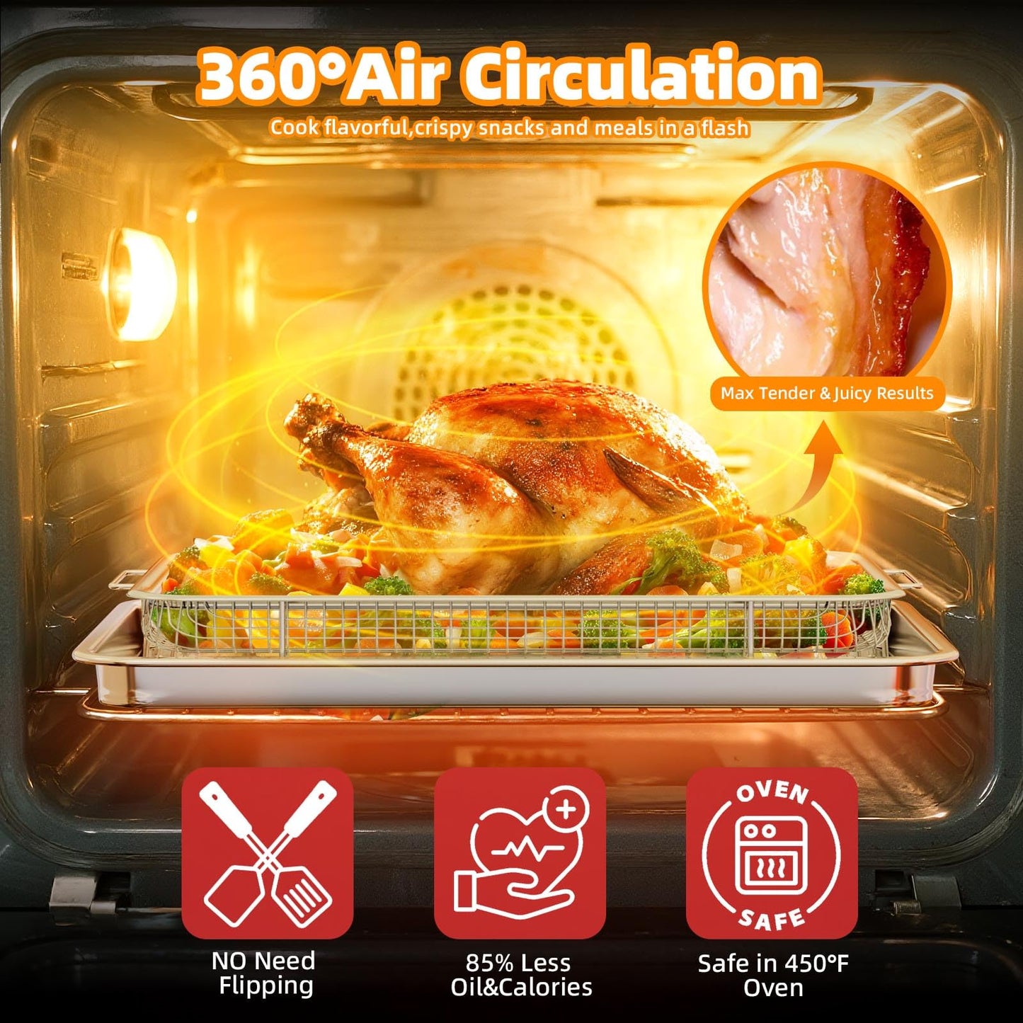 2 Set Air Fryer Basket for Oven, 15.6“ x 11.6“ and 12.8“ x 9.6“ Stainless Steel Air Fryer Tray with 60 PCS Parchment Paper,Air Fryer Pan with Crisper Tray for Baking Fries,Bacon,Chicken