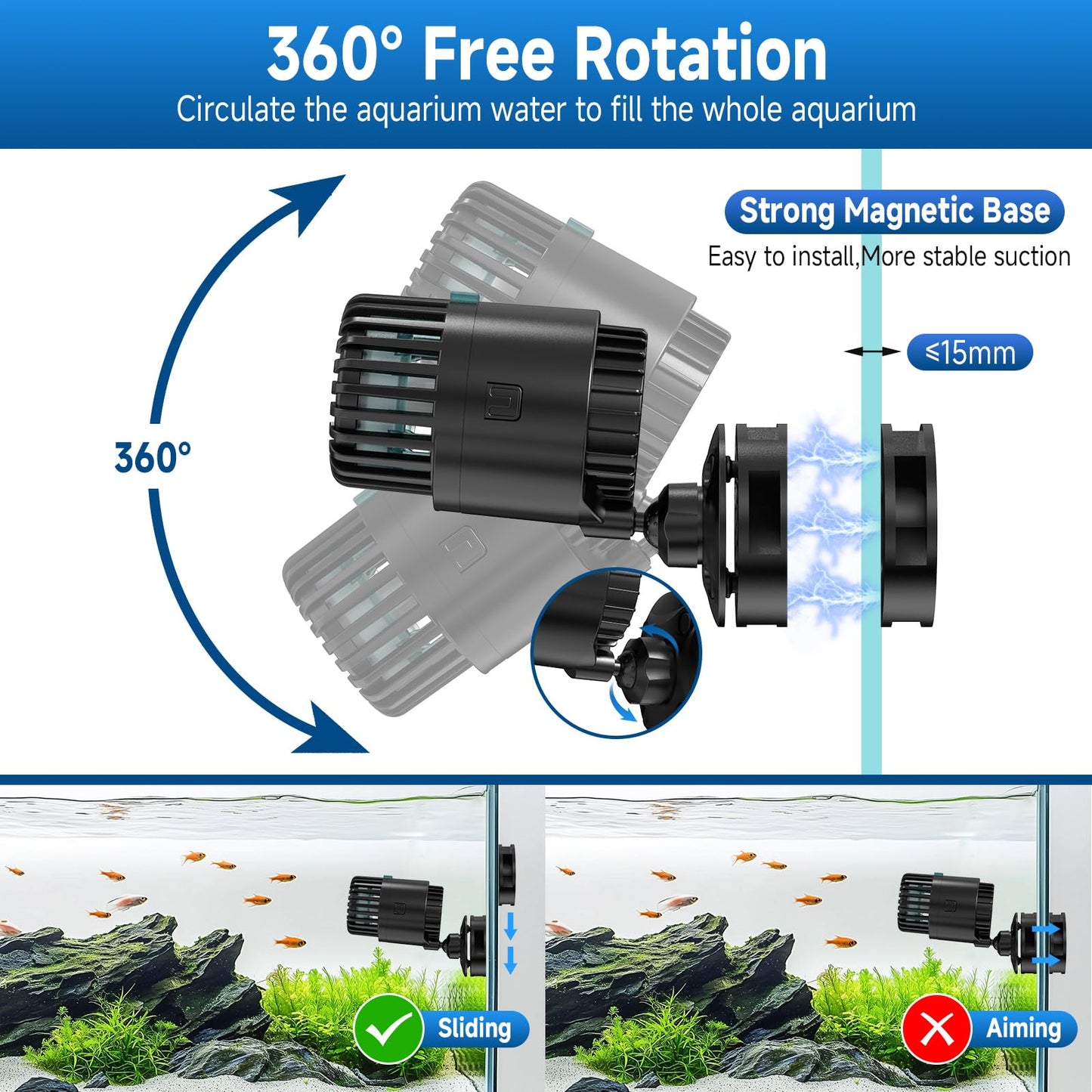 AQQA Magnetic Wave Maker for Aquarium 75-150 Gallon 2110 GPH Water Circulatio Pump Powerhead Fish Tank Wavemaker 360°Rotatable Quiet Operation for Freshwater(12W)