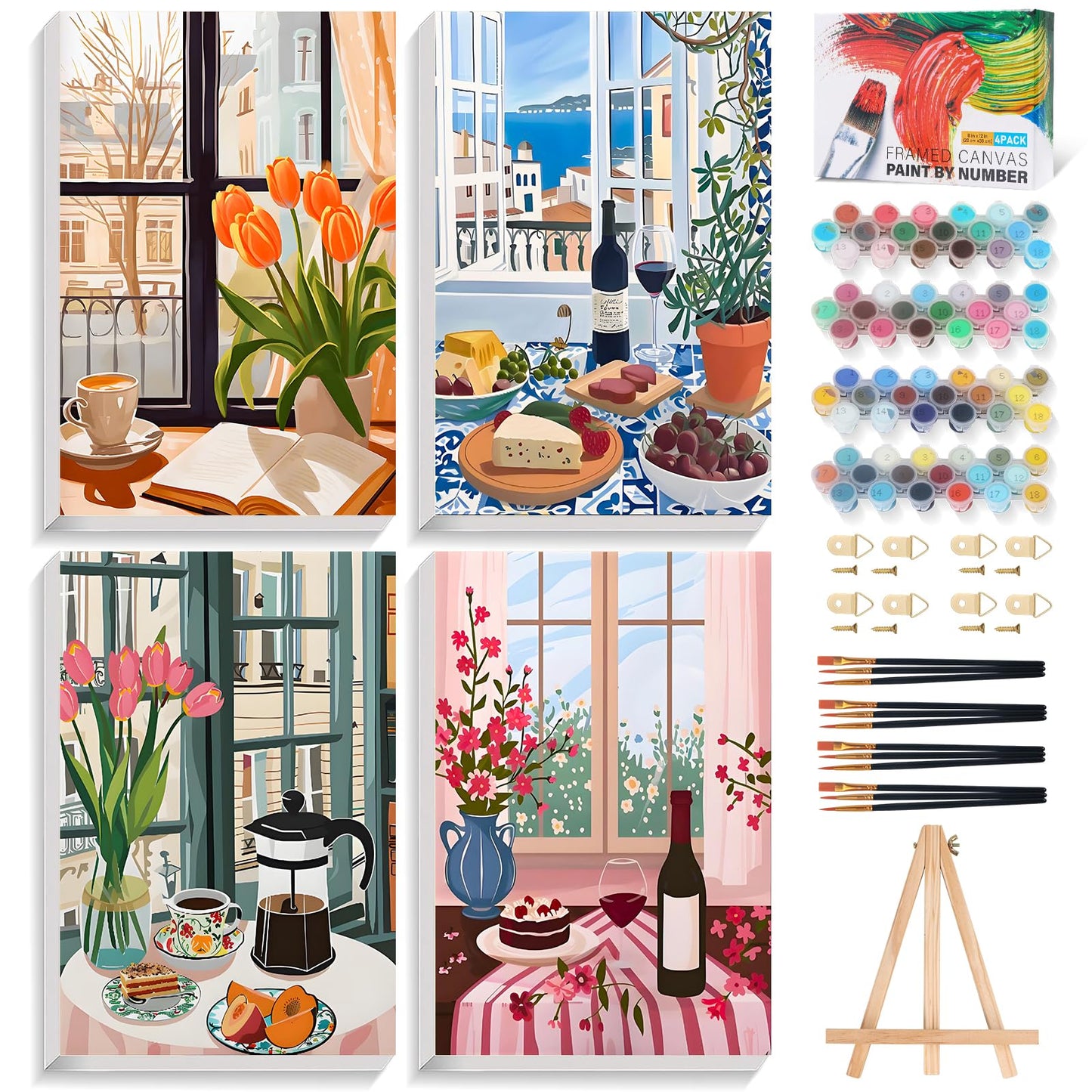 4 Pack Paint by Numbers Adult Kit with Frame Window Scenery, Adult Paint by Number Kits Framed with Wooden Easel, Coffee Framed Painting by Numbers for Adults, Perfect for Wall Decor 8X12 Inch