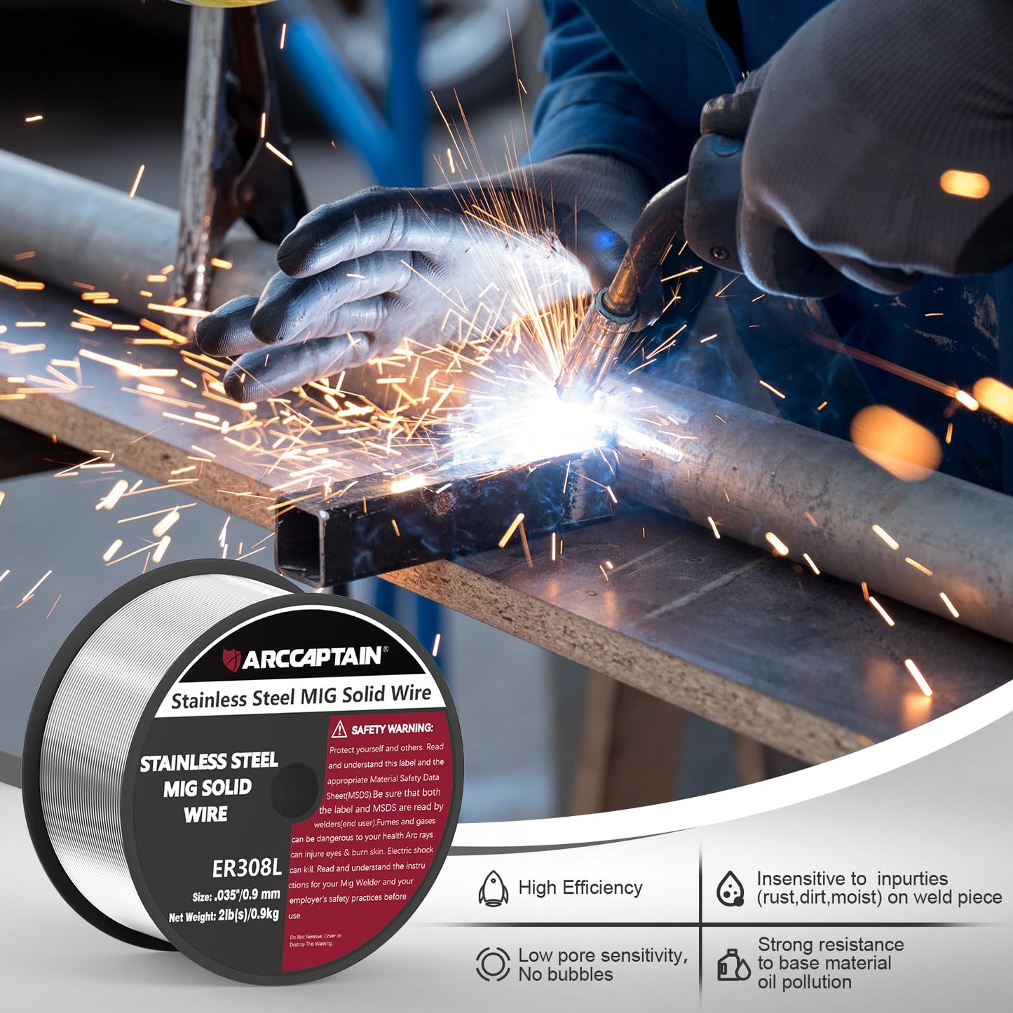 ARCCAPTAIN Stainless Steel MIG Solid Wire ER308L, 030-Diameter 2-Pound Stainless Steel Wire with Low Splatter Compatible with Lincoln Miller Forney Harbor MIG Welder