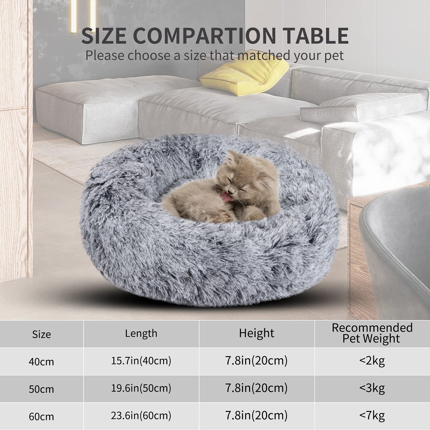 Vetasac Donut Dog Bed, Cat Calming Bed Anti-Anxiety Round Fluffy Faux Plush Soft Warming Cushion Sofa Beds for Small Medium Large Dogs Cats Washable JD003 (31 inch, Gradient Grey)
