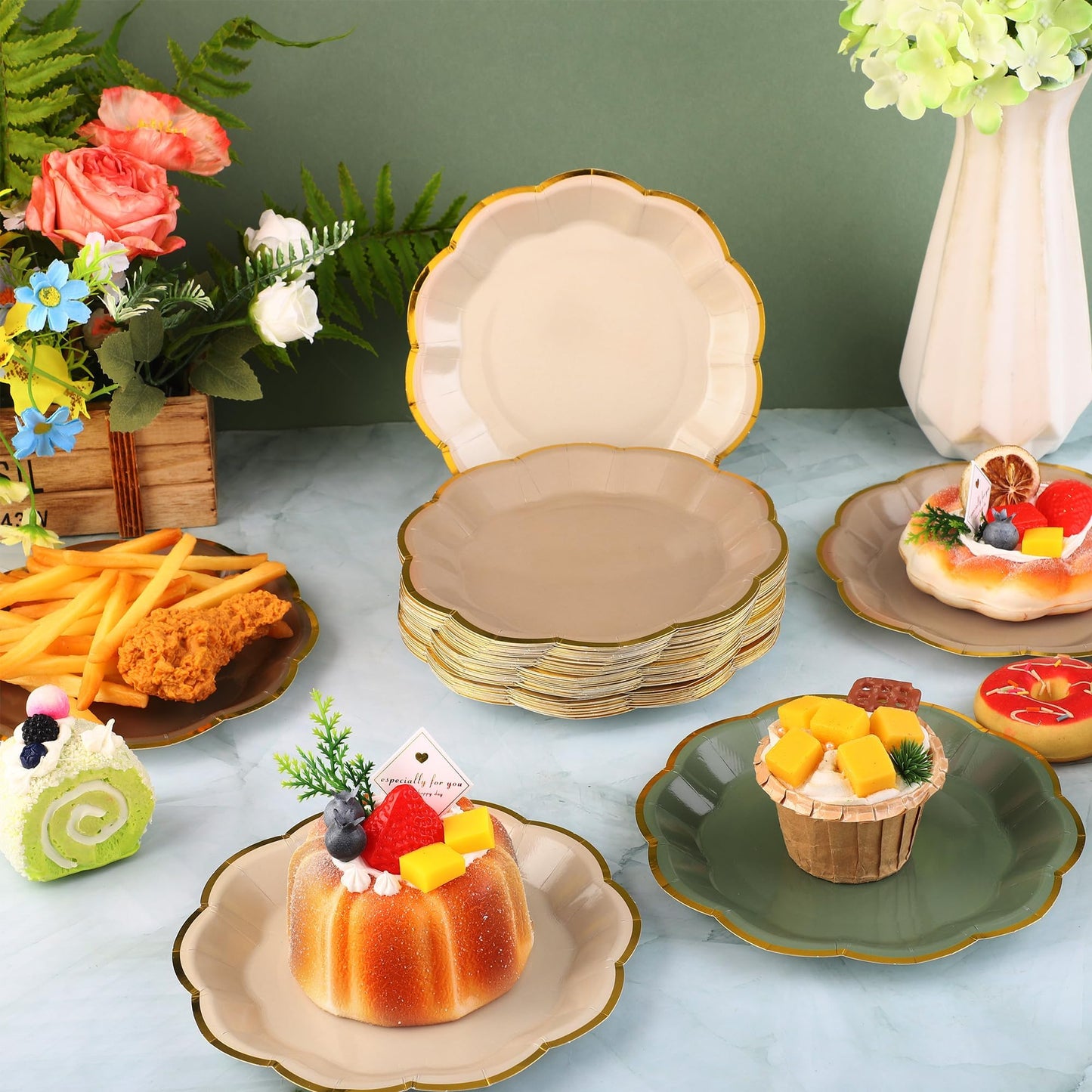 Kochorie 60 PCS Woodland Scalloped Party Plates, 7 Inch Sage Green Brown Dessert Plate, Disposable Gold Foil Border Paper Plates for Birthday Bridal Baby Shower Wedding Forest Party Supplies