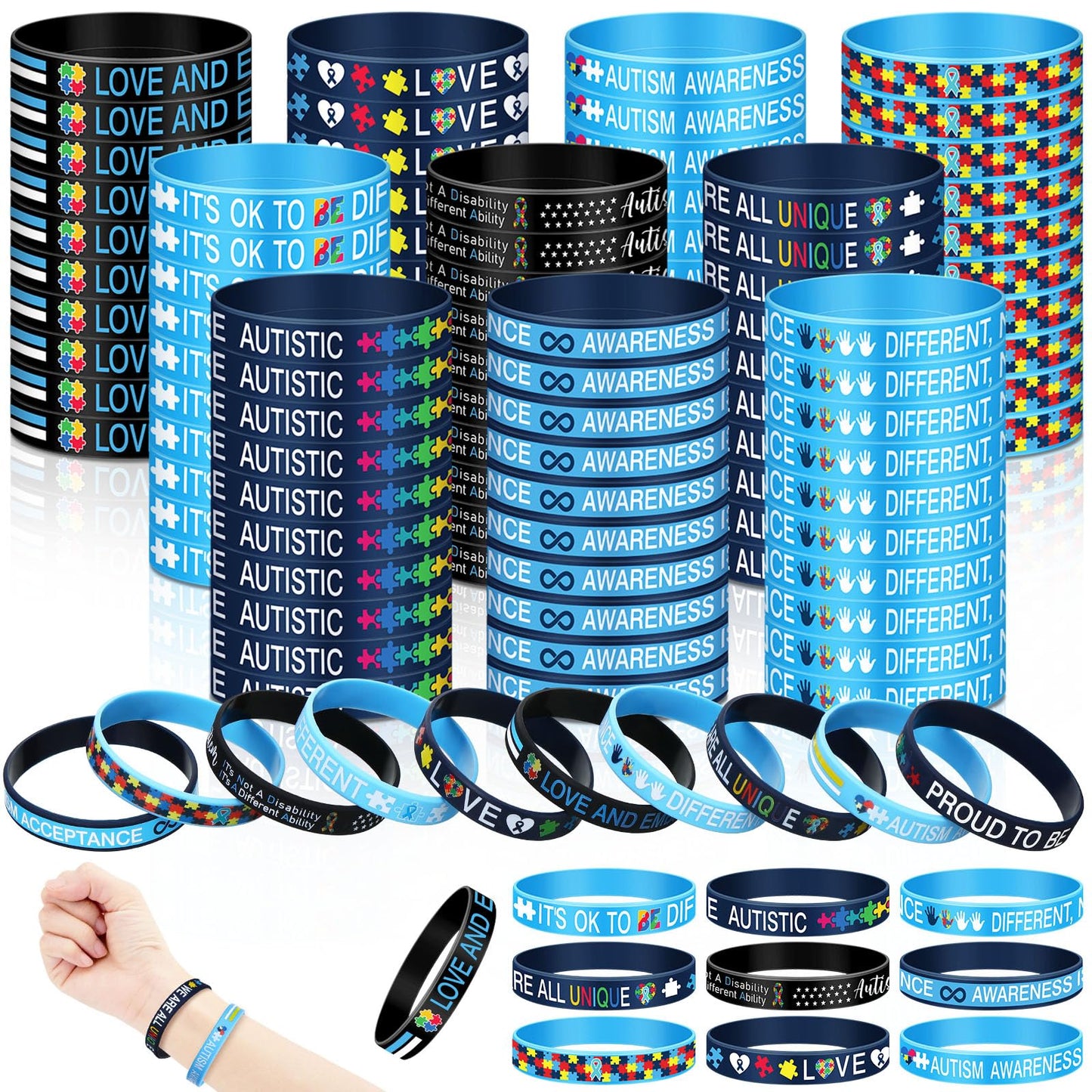 Syhood 200 Pcs Autism Awareness Bracelet Inspirational Autism Silicone Bracelets Colorful Puzzle Pieces Silicone Wristbands for Adult Gifts