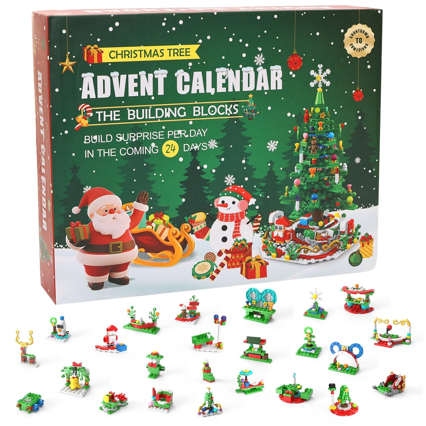 2025 Xmas Advent Calendar Building Blocks Toys 24-In-1 Christmas Tree Building Blocks 24 Days Surprise Christmas Countdown Calendar Buildings Block Toys for Christmas Gifts