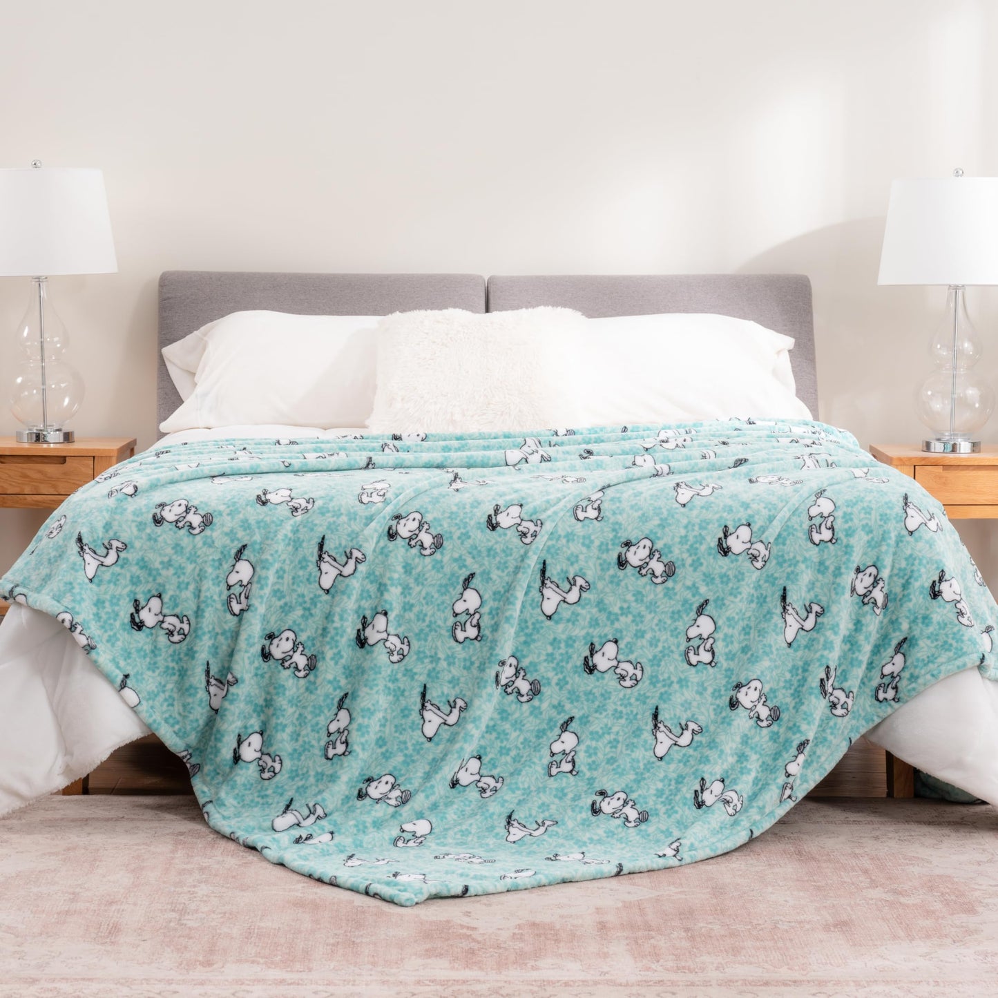 Berkshire Blanket Peanuts® VelvetLoft® Cute Character Snoopy Plush Blanket,Snoopy Springtime Floral Dance Large Blue,Full/Queen 90 in x 90 in (Official Peanuts® Product)