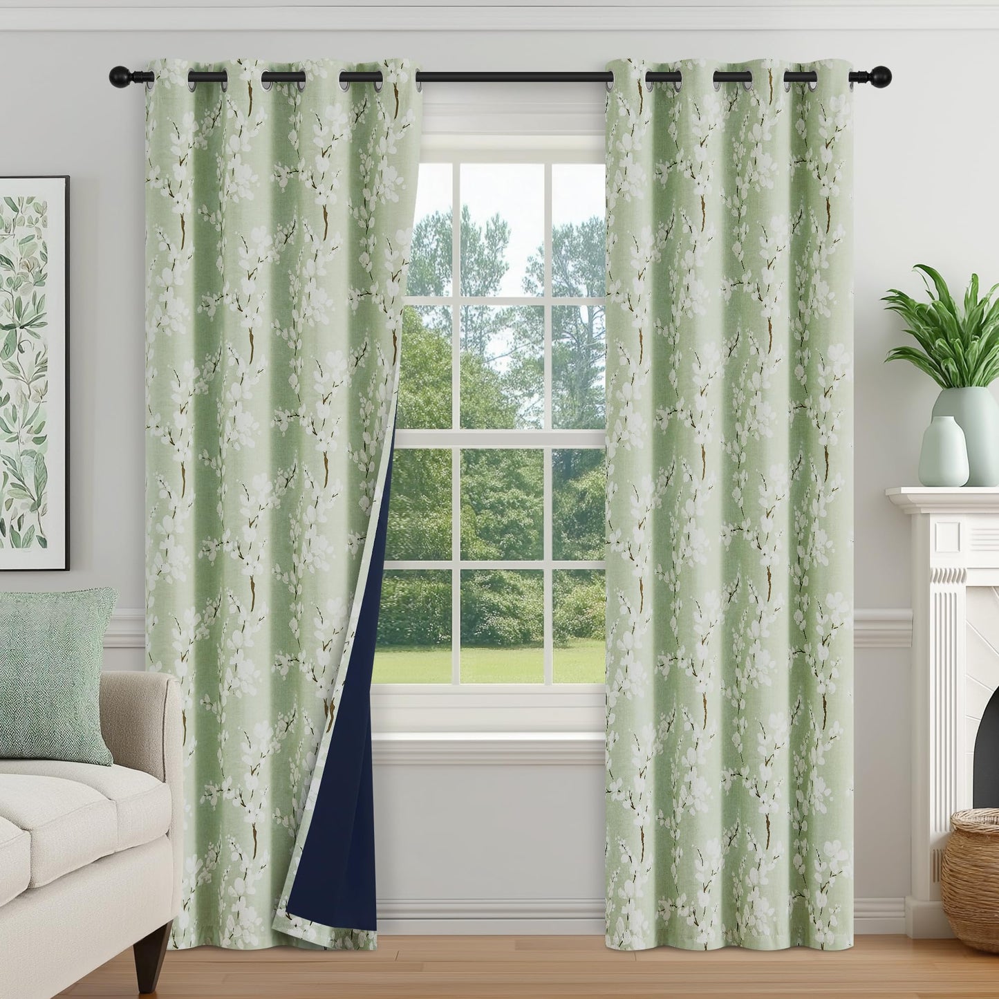 FMFUNCTEX 100% Blackout Curtains 84 Inch Long for Living Room Green and White Floral Blossom Print Curtains Farmhouse Thermal Insulated Drapes for Bedroom Grommet Window Curtains 2 Panels Sage Green