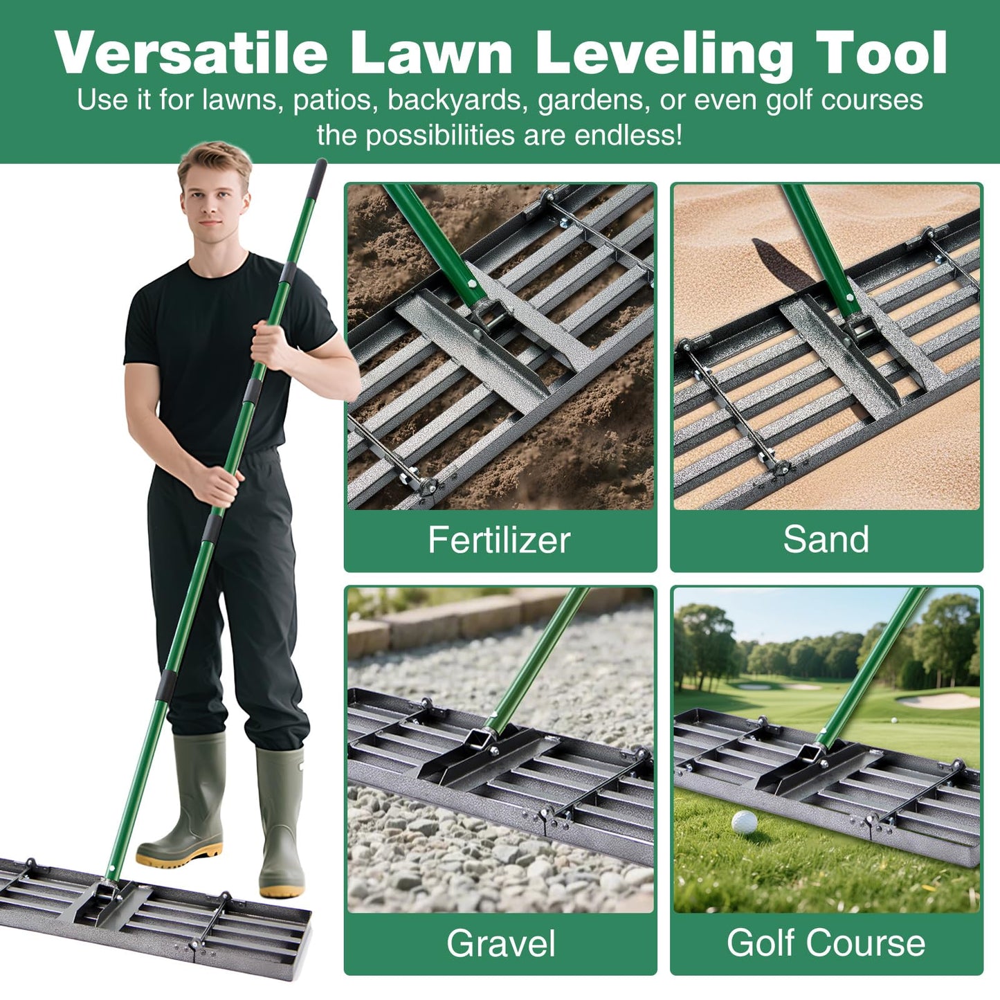 30"x10" Lawn Leveling Rake, Heavy Duty Lawn Leveler with 33"-77" Adjustable Handle, Foldable Ground Leveling Tool for Soil, Sand, Gravel, Ergonomic Design for Lawns, Golf Courses and Backyards