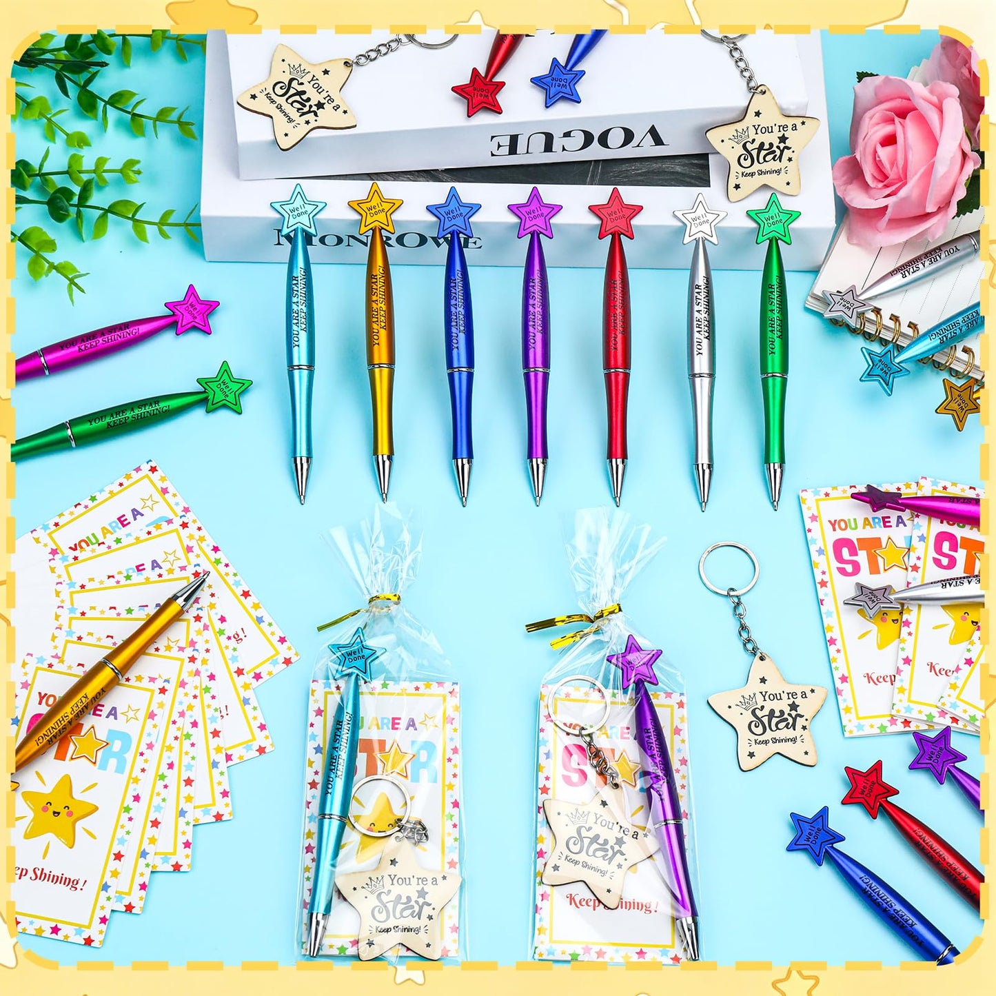 Natonhi 32 Sets End of Year Student Gifts from Teacher Bulk with Star Keychain Cute Pens Gift Card for Students from Teacher for Classroom Party Favors Home Office learners Graduation Party Supplies