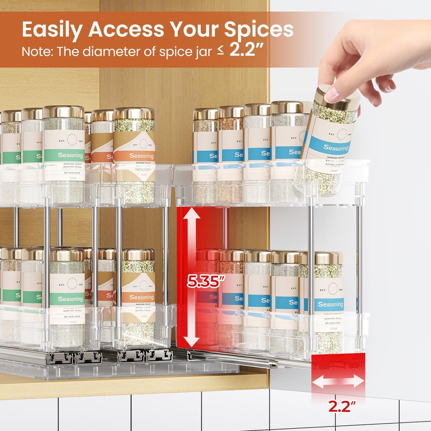 Mystozer 3 Packs Pull Out Spice Rack Organizer for Cabinet, Vertical Spice Rack Pull Out, Heavy Duty Slide Out Seasoning Organizer, 2.3" Wx10.35''Dx8.26''H, 3 Drawers 2 Tiers(Clear)