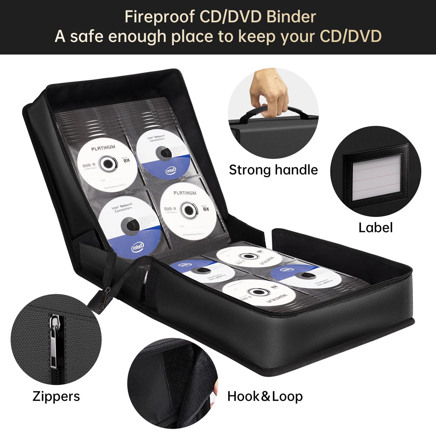 ENGPOW Fireproof CD Case,CD/DVD Storage Case,400 Capacity CD Binder DVD Storage Holder with Zippers,Portable Large Card Media Wallet Box Organizer Safe for Home Office Travel Car,Black