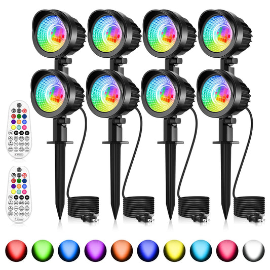 MEIKEE 15W RGBW Landscape Lights, Color Changing LED Landscape Lighting, Dimmable RGBW Garden Lights Timing Memory Outdoor Spotlights for Christmas Halloween Stage Decoration (8 Pack)