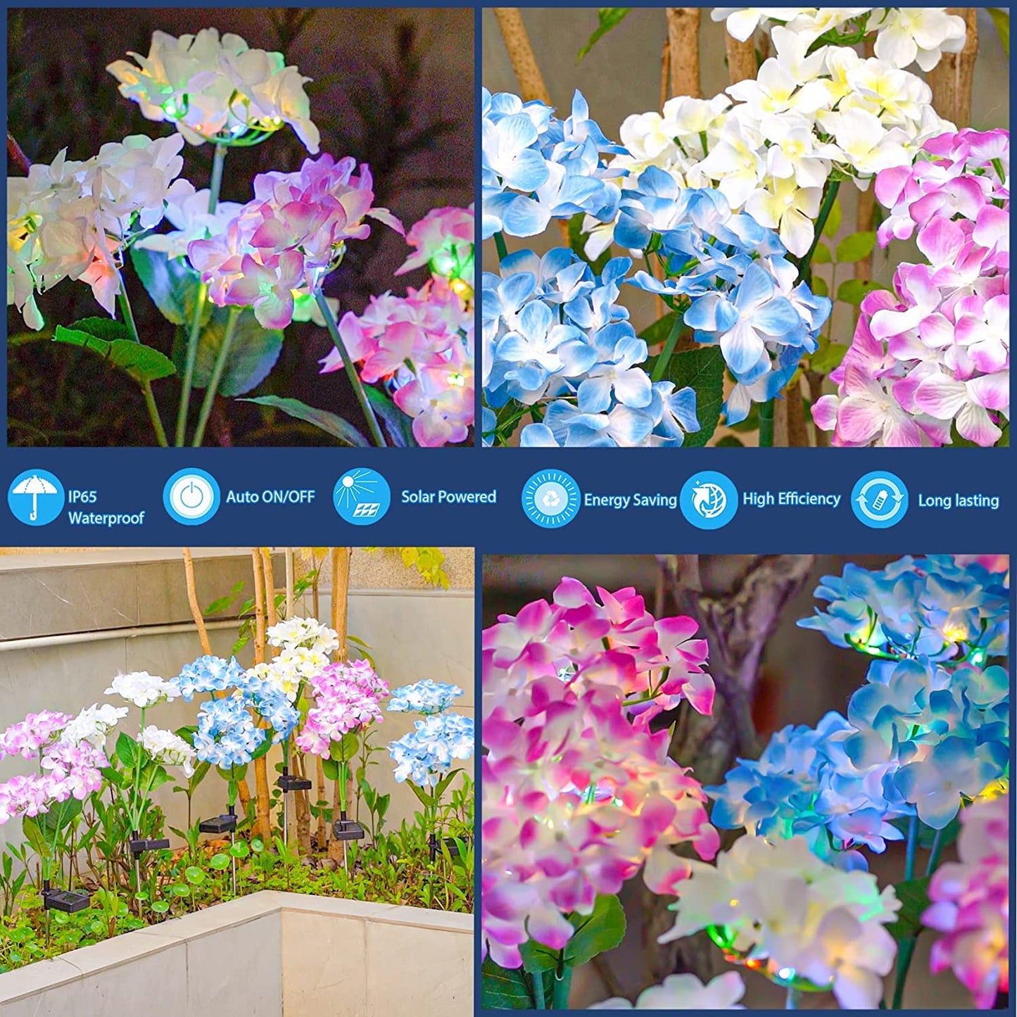 Solar Garden Lights - 3 Pack 2023 Version Solar Lights Outdoor,Realistic LED Hydrangea Flower Lights for Yard Decor, Garden Decoration, Two Lightning Modes & Enlarged Solar Panel