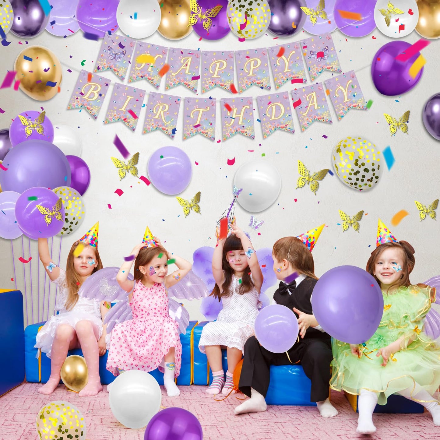 213 Pcs Purple Butterfly Decorations - Include Plates, Cups, Tablecloth, Balloon, Birthday Banner, Butterfly Stickers, Fairy Wing Set for Princess Fairy Birthday Decorations Supplies