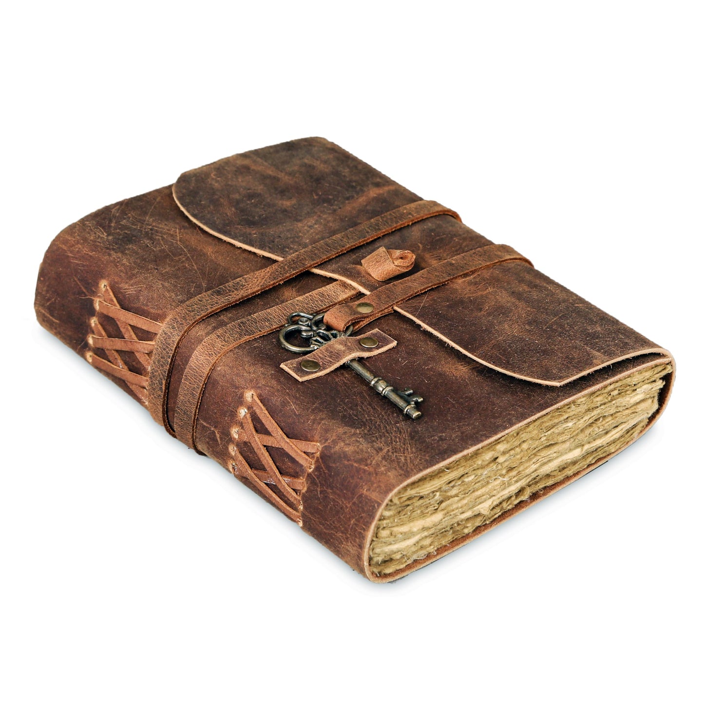 Leather Journal with Deckle Edge Paper 8x6 inch and Vintage Key/Handmade Writing Notebook Diary/Bound Daily Notepad for Men & Women Medium, Sketch/Writing pad for Artists
