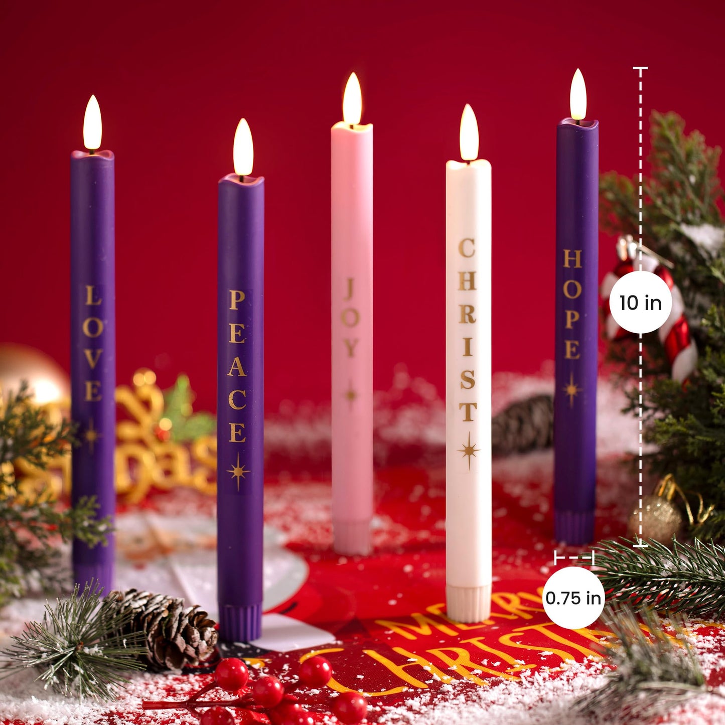Stmarry Flameless Advent Candles Battery Operated, Advent Candles Set of 5, 10 Inch Tall, Realistic 3D Flames and Remote Control, Electric LED Candle Set for Advent Wreath
