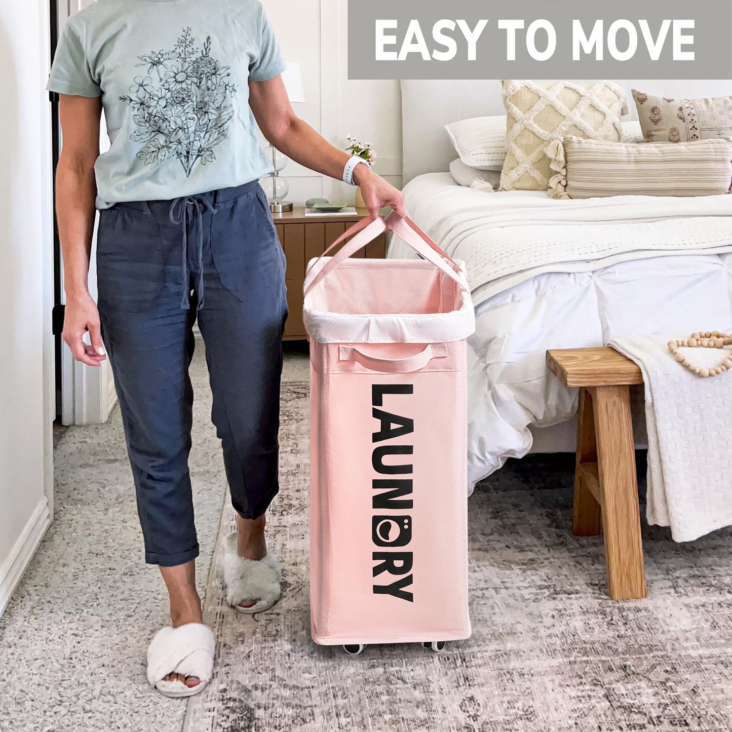 Goodpick Laundry Hamper with Wheels, 75L Collapsible Laundry Basket Organizer, Rolling Laundry Hamper with Removable Wash Bag for Living Room, Laundry Basket with Handle for College Dorm, Pink