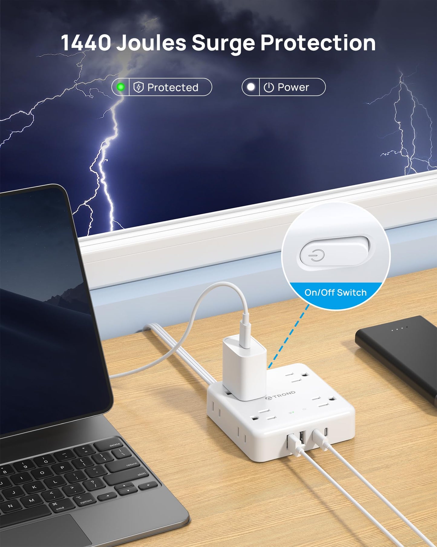 TROND 360° Rotating Flat Plug Power Bar with 2 USB C, 8 Widely Spaced Outlets, 5FT Slim Extension Cord, 1440J Surge Protector Power Strip, Wall Mount for Home Office Dorm Travel Essentials, White
