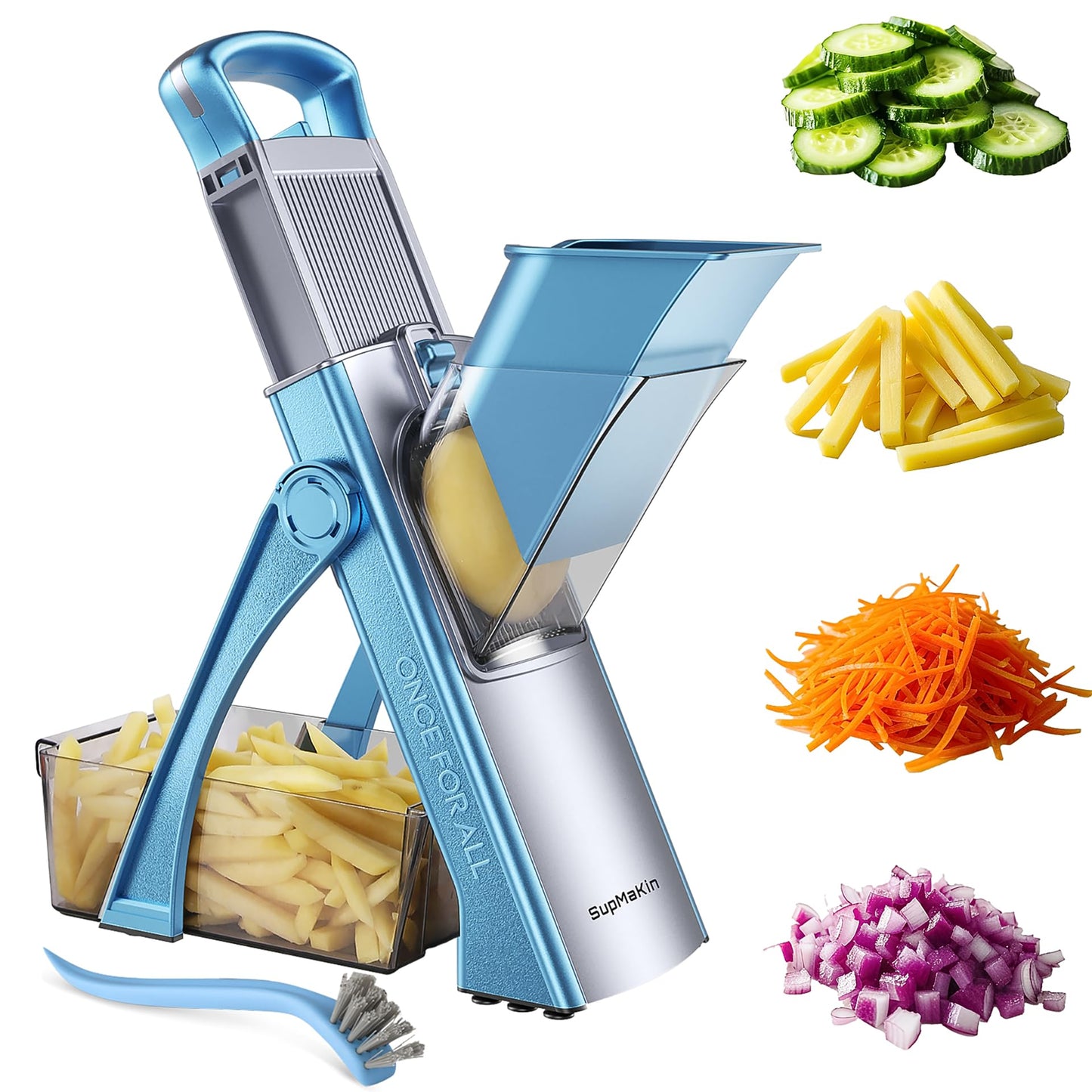 SupMaKin Upgrade Safe Mandoline Slicer Plus, Adjustable Vegetable Chopper Potato Slicer Onion Chopper, French Fries Cutter, Veggie Salad Chopper Kitchen Chopping Artifact (LightBlue)