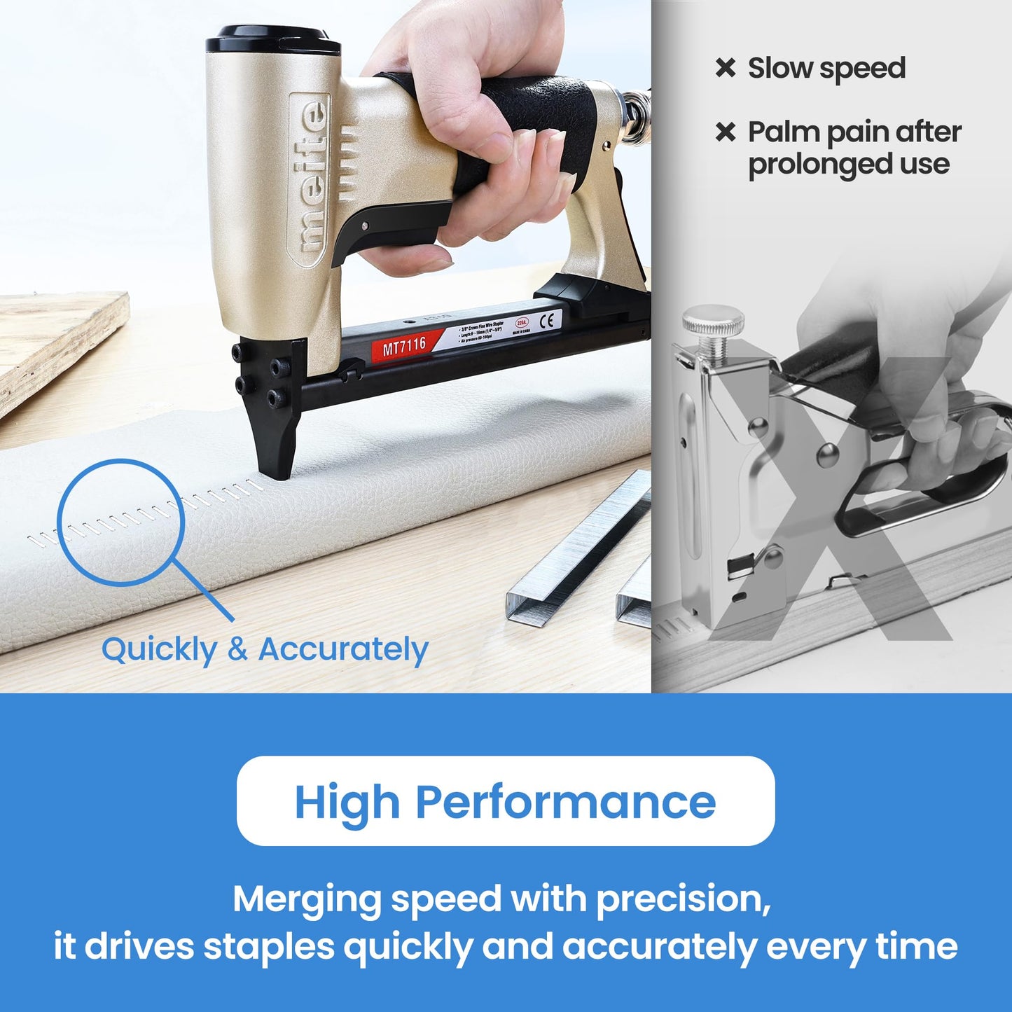 meite MT7116 Pneumatic Upholstery Stapler - 22 Gauge 71 Series 9MM (3/8-Inch) Crown 6-16MM (1/4-Inch to 5/8-Inch) Leg Length Fine Wire Stapler Air-Powered Furniture Stapler