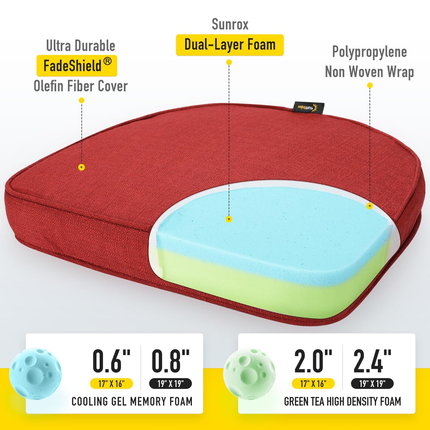Sunrox Gel Memory Foam Chair Cushions, FadeShield Water-, Stain-Resistant Durable Reversible Seat Cushion Pads with Ties for Indoor/Outdoor Kitchen Dining Office, 17"x16", Set of 2, Burgundy